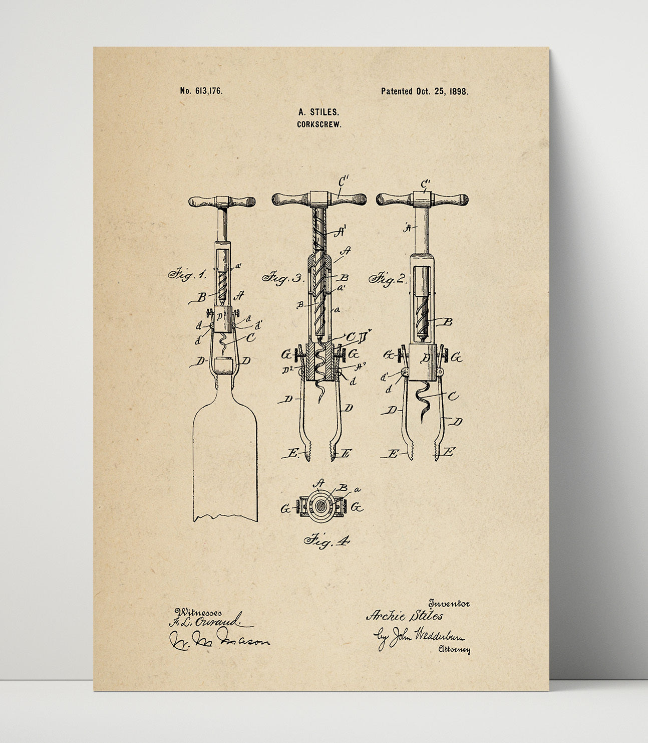 Patent Print - Corkscrew - A. Stiles - 1898 - Patent 613176 Patent Wall Art