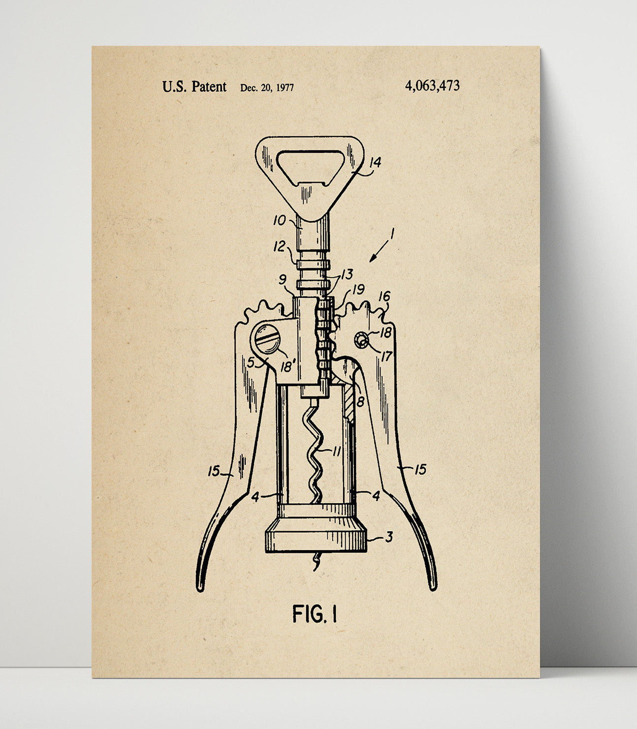 Patent Print - Corkscrew - Unknown Inventor - 1977 - Patent 4063473 Patent Wall Art