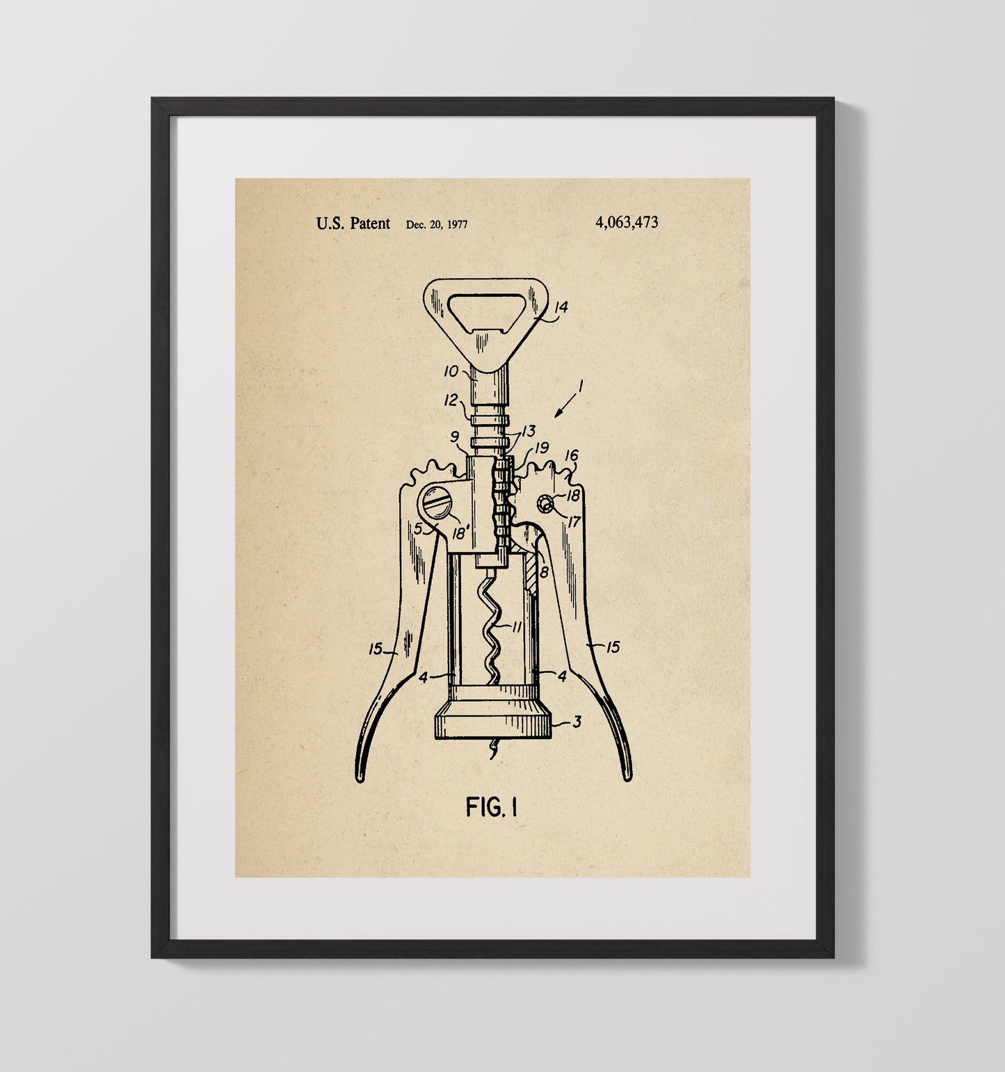 Corkscrew 1977 patent print wall art 16x20 Gallery Frame