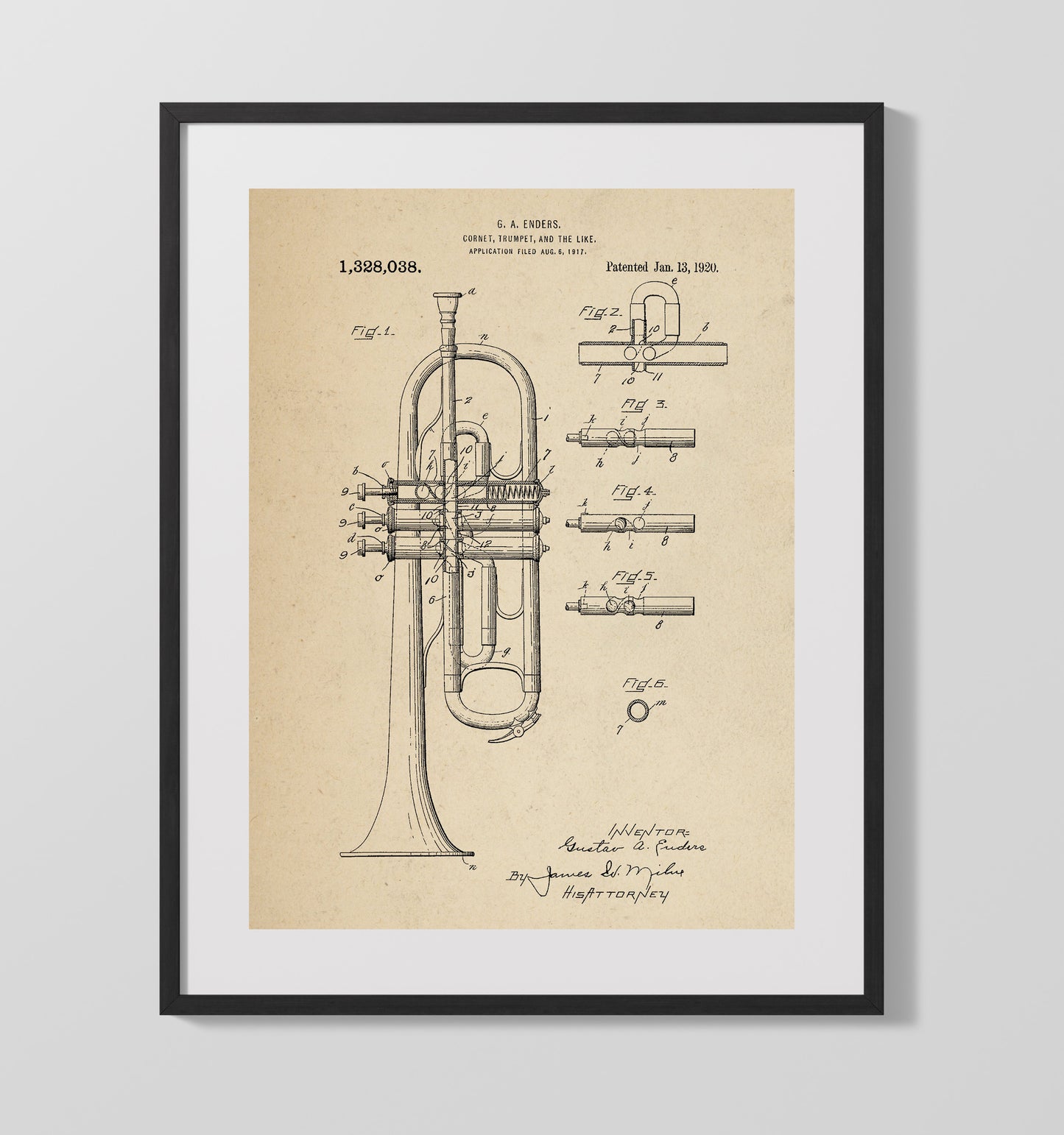 Cornet Trumpet 1920 patent print wall art 16x20 Gallery Frame