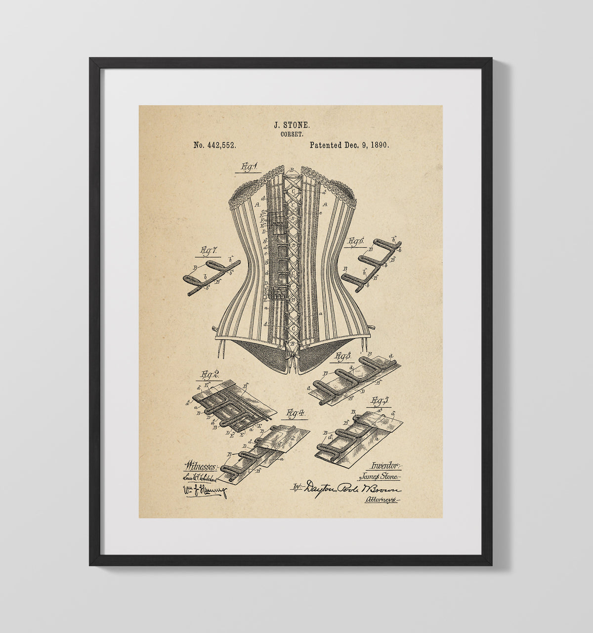 Corset 1890 patent print wall art 16x20 Gallery Frame