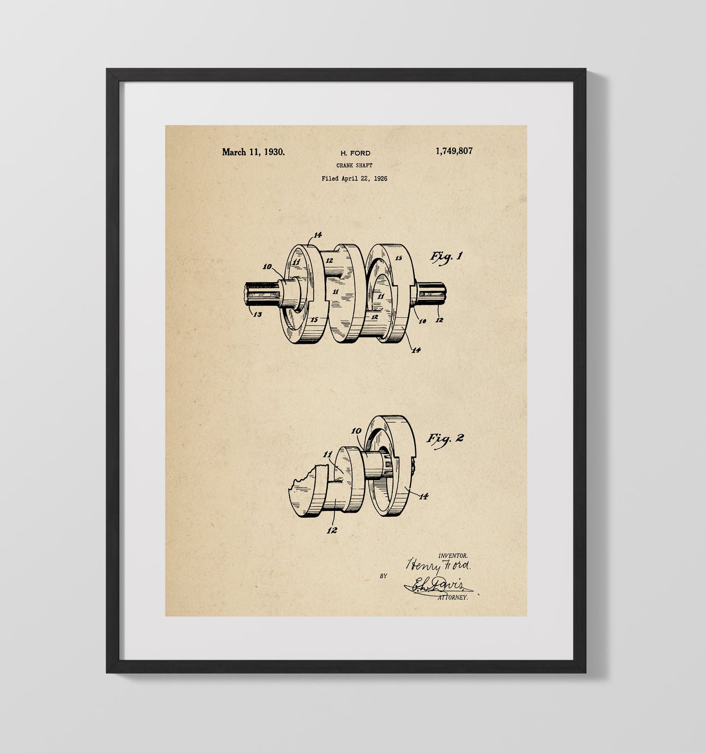 Crank Shaft 1930 patent print wall art 16x20 Gallery Frame