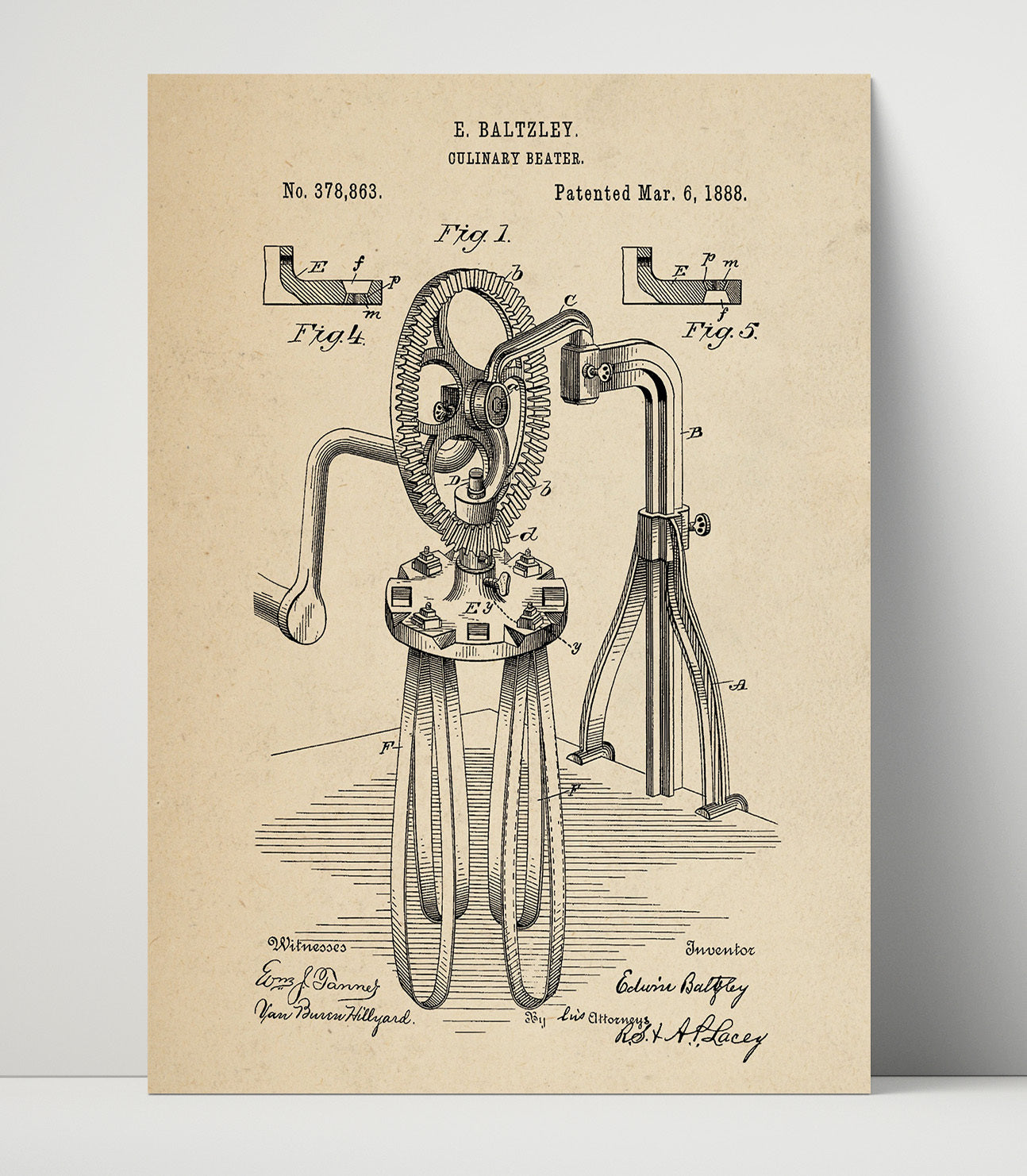 Patent Print - Culinary Beater - E. Baltzley - 1888 - Patent 378863 Patent Wall Art