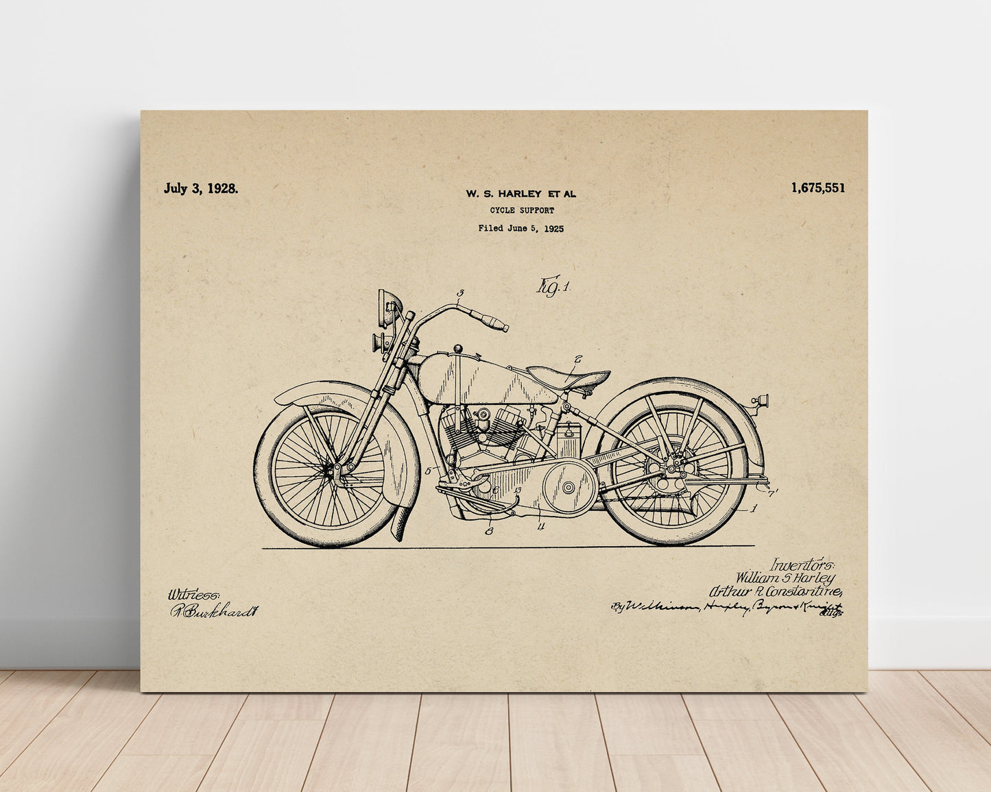 Patent Print - Cycle Support - William S Harley - 1928 - Patent 1675551 - Landscape Patent Wall Art
