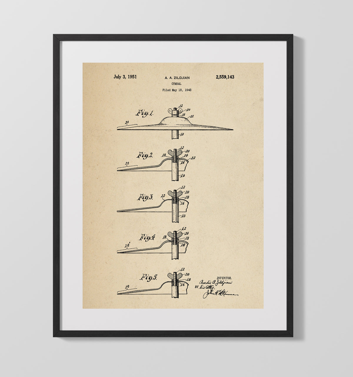 Cymbal 1951 patent print wall art 16x20 Gallery Frame