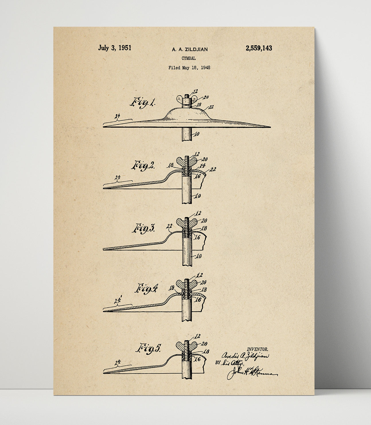 Patent Print - Cymbal - A. A. Zildjian - 1951 - Patent 2559143 Patent Wall Art