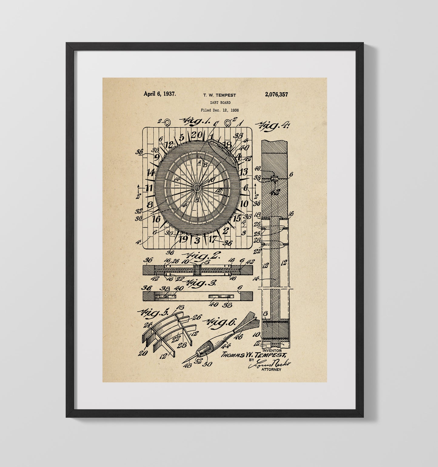 Dart Board 1937 patent print wall art 16x20 Gallery Frame