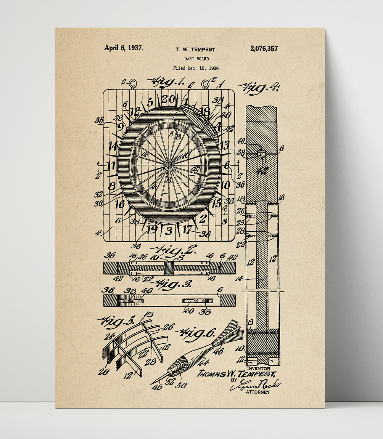 Patent Print - Dart Board - Thomas W Tempest - 1937 - Patent 2076357 Patent Wall Art
