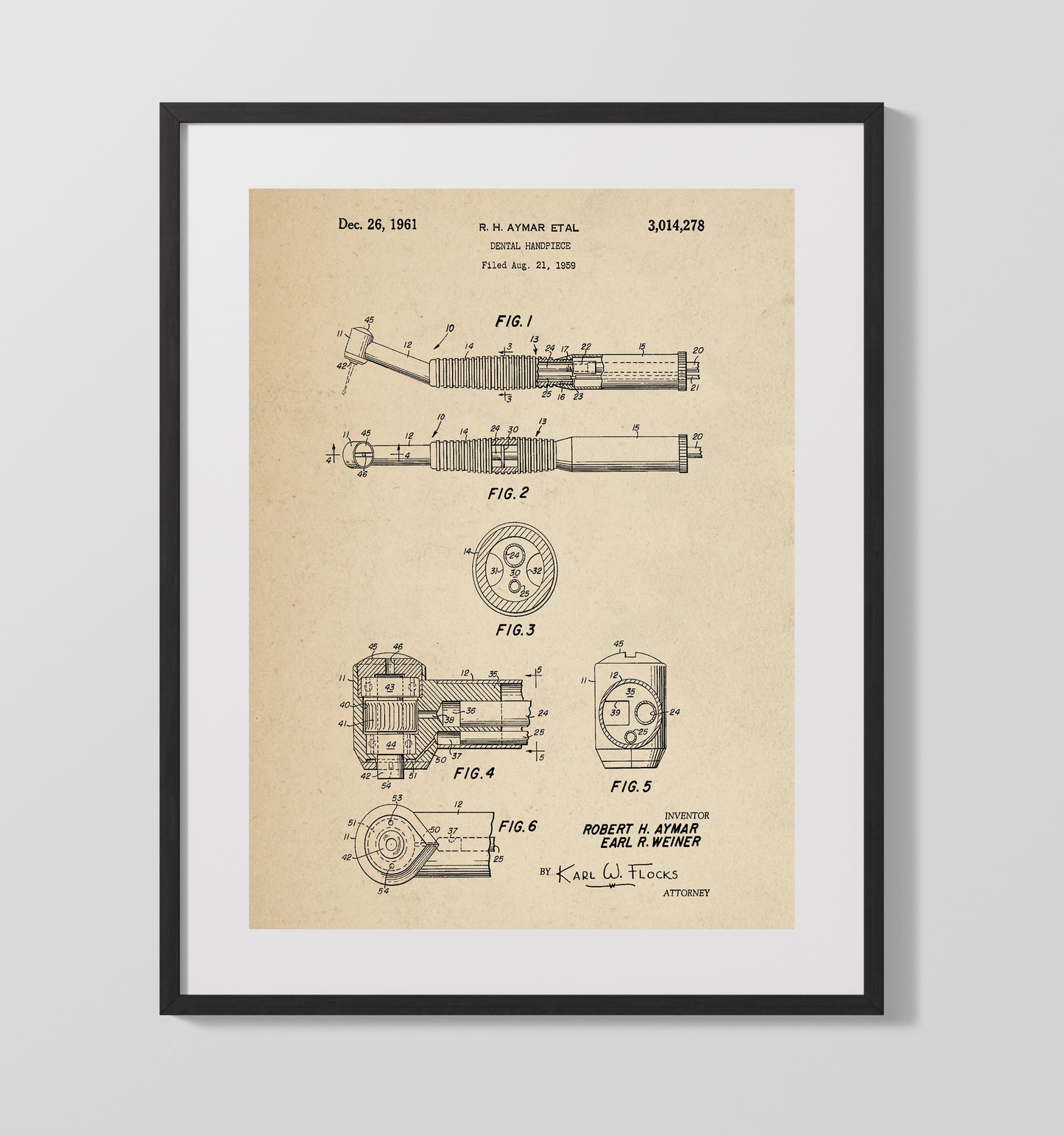 Dental Handpiece 1961 patent print wall art 16x20 Gallery Frame