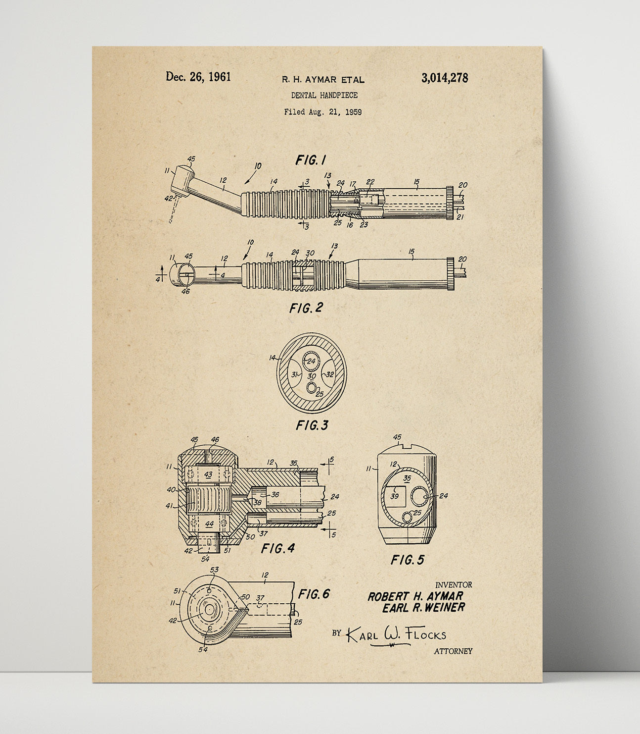 Patent Print - Dental Handpiece - Robert H. Aymar - 1961 - Patent 3014278 Patent Wall Art
