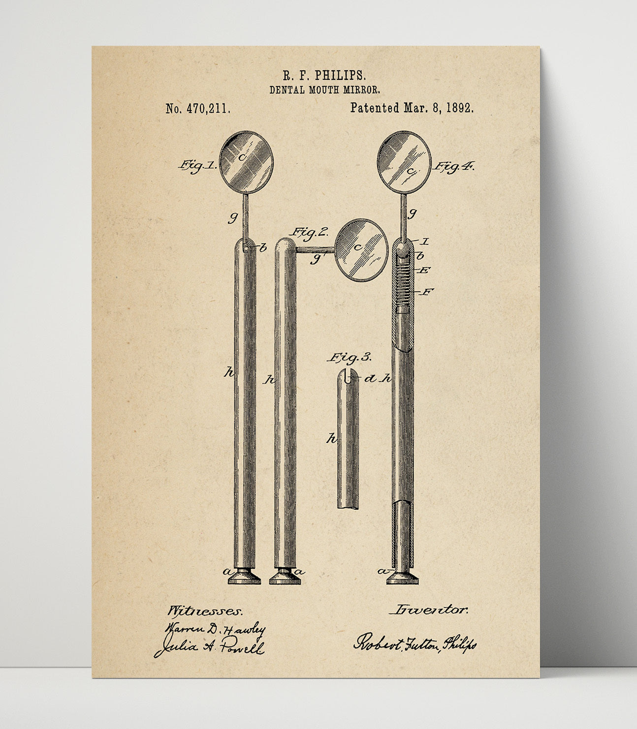 Patent Print - Dental Mouth Mirror - R. F. Philips - 1892 - Patent 470211 Patent Wall Art