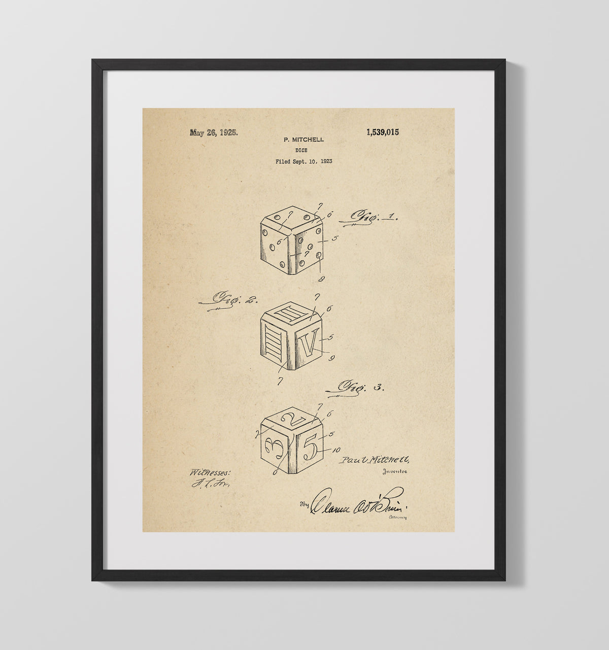 Dice 1925 patent print wall art 16x20 Gallery Frame
