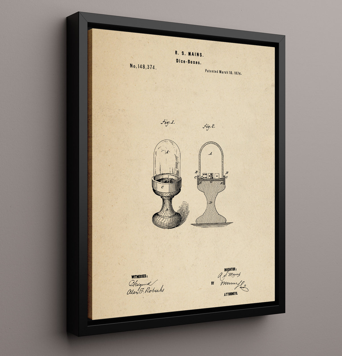 Dice Boxes - 1874 Patent - 16x20 Framed Canvas