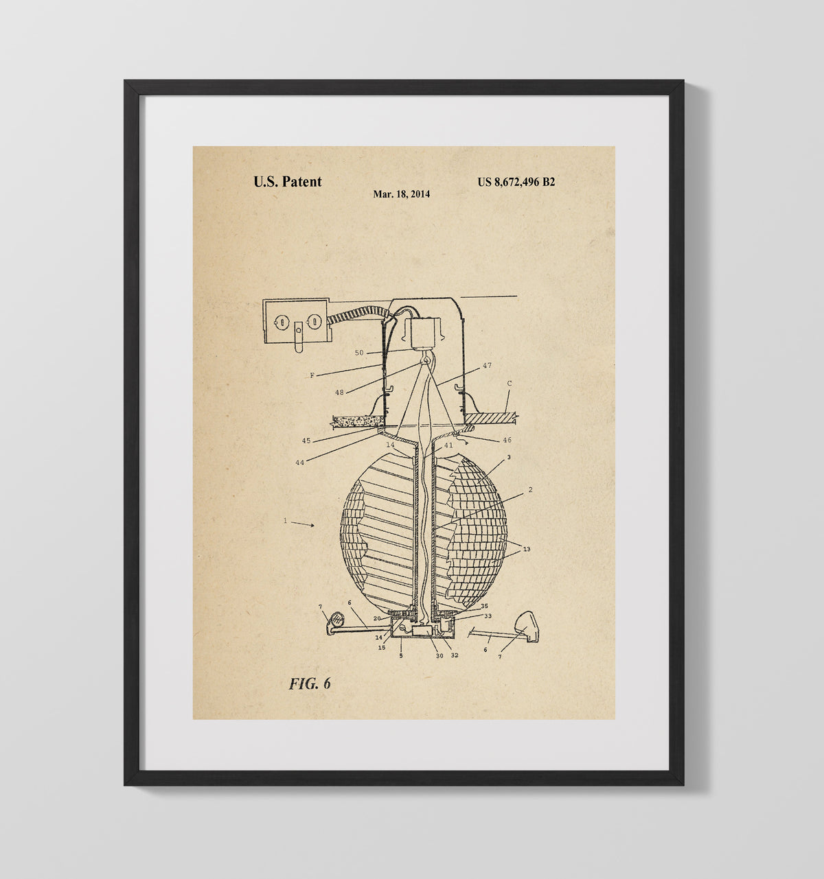 Disco Ball Lighting Apparatus Cross Section 2014 patent print wall art 16x20 Gallery Frame