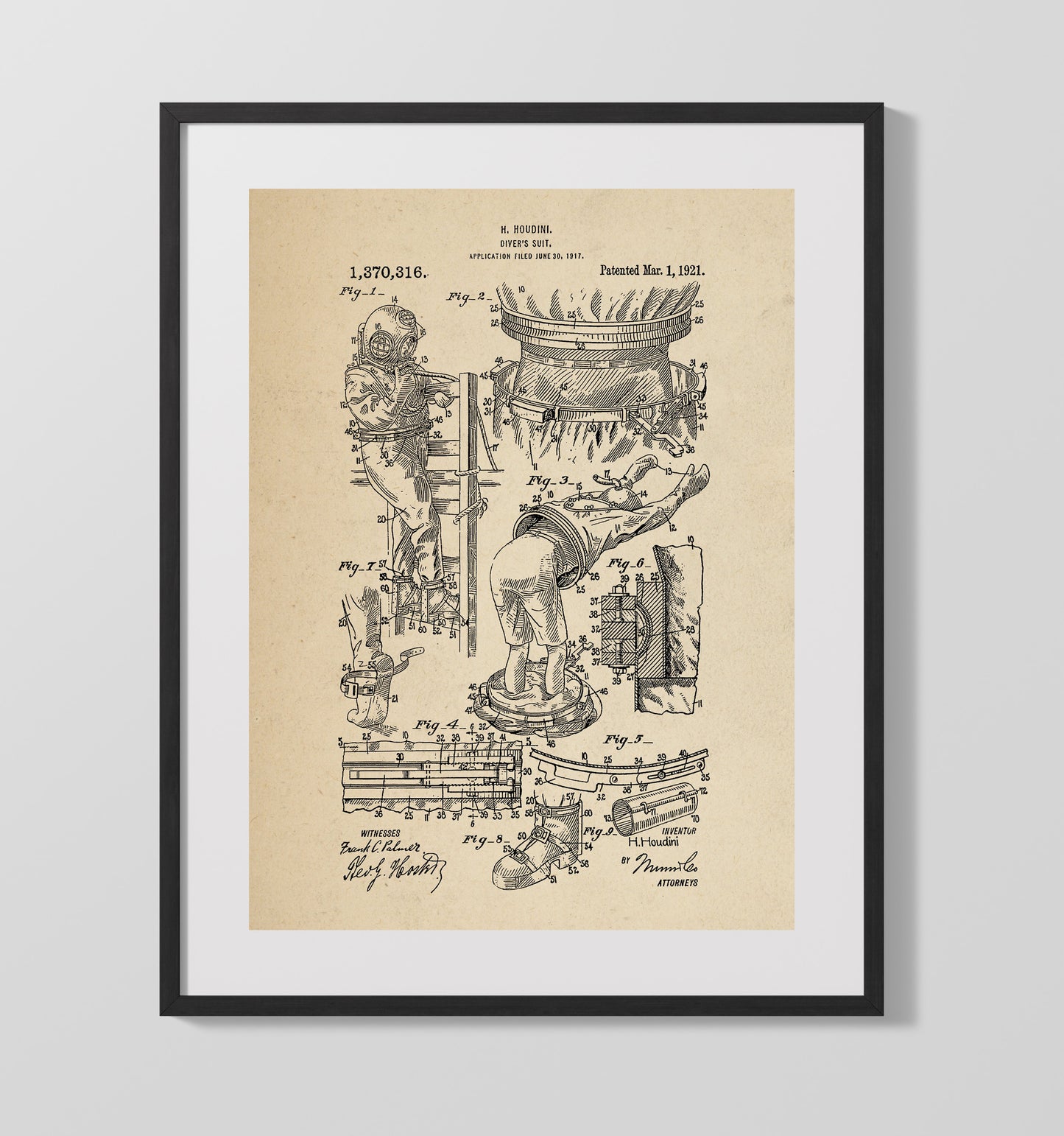 Divers Suit 1921 patent print wall art 16x20 Gallery Frame