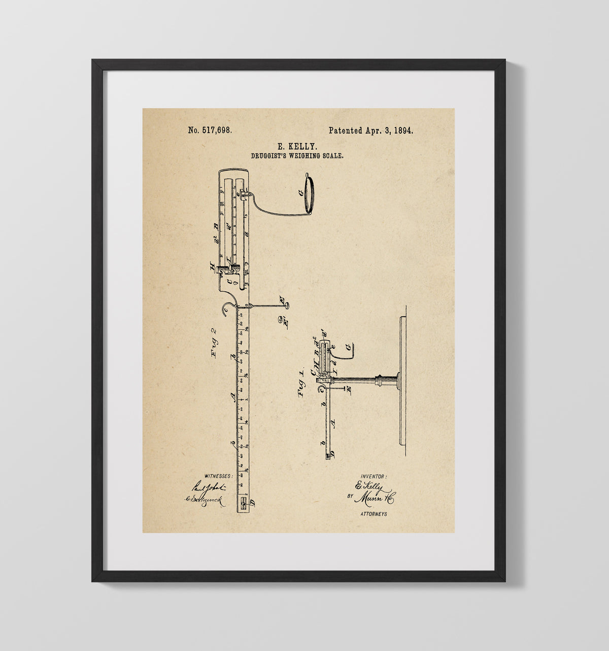Druggists Weighing Scale 1894 patent print wall art 16x20 Gallery Frame