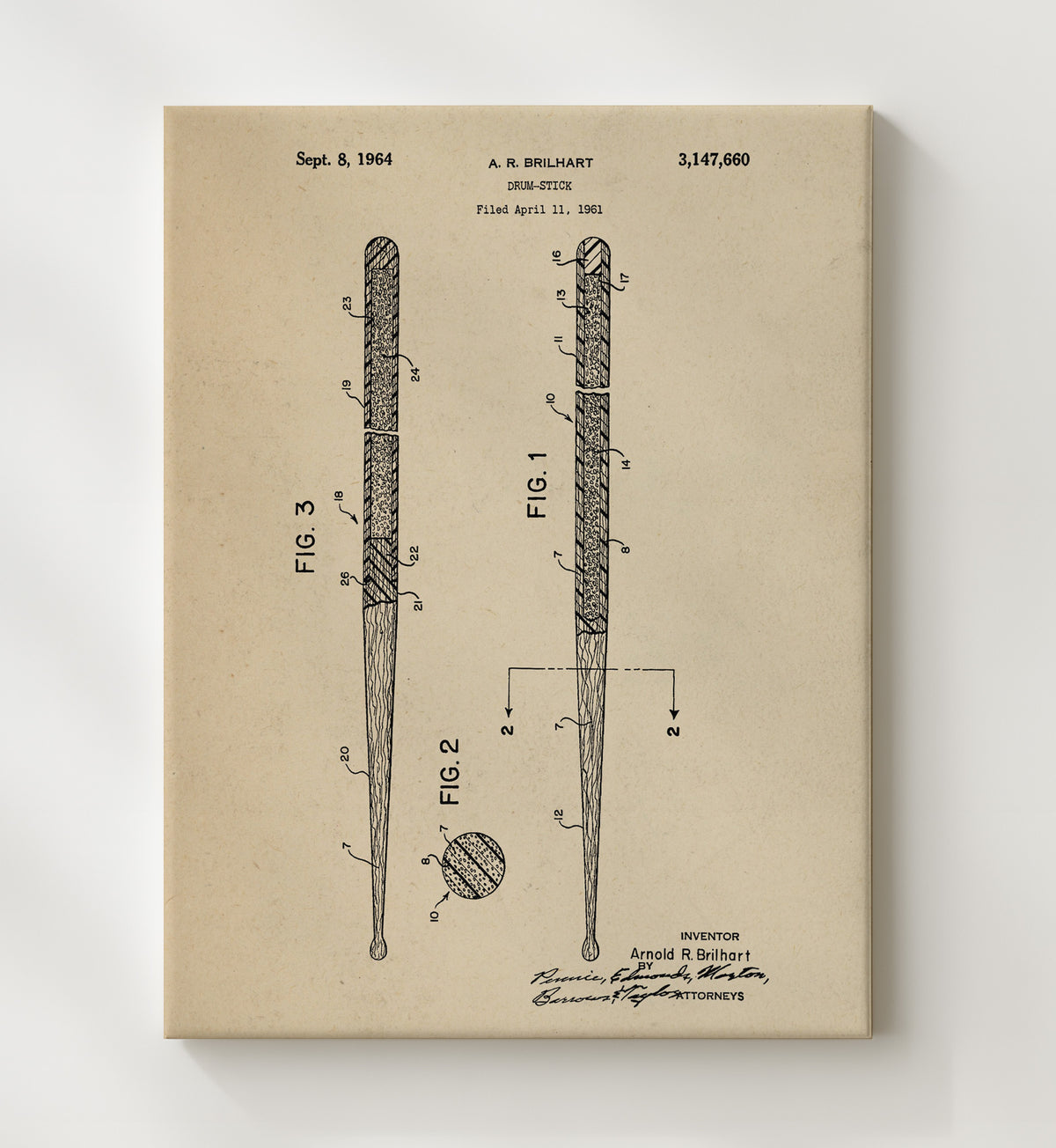 Drum Stick - 1964 Patent - 20x24 Canvas