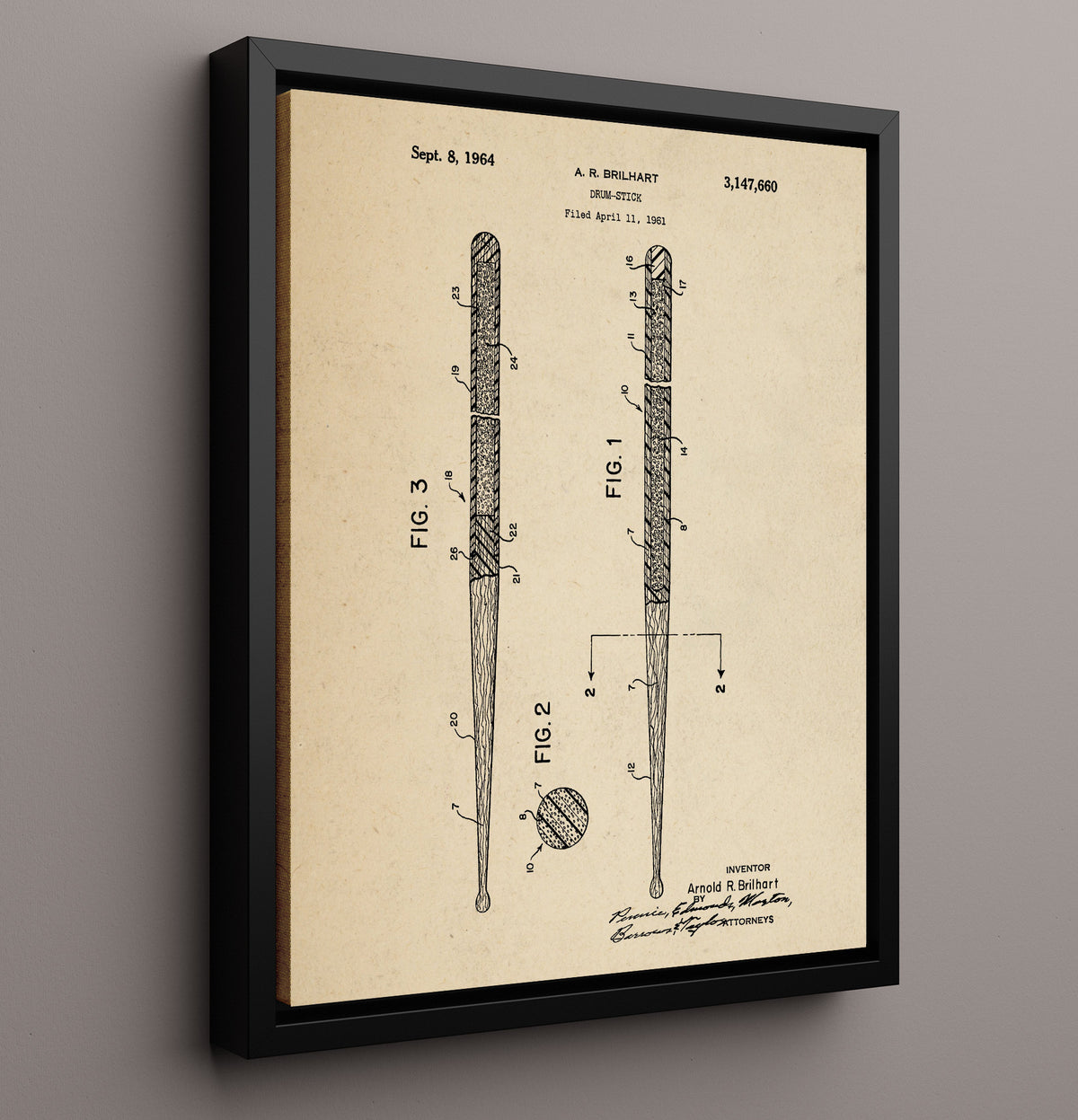 Drum Stick - 1964 Patent - 16x20 Framed Canvas