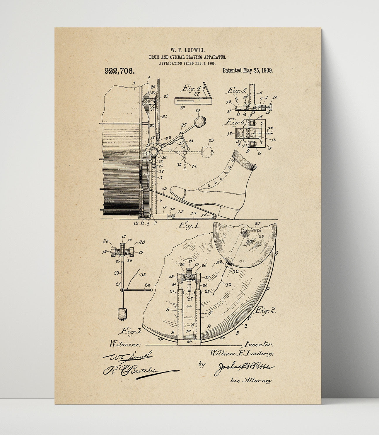 Patent Print - Drum And Cymbal Playing Apparatus - W. F. Ludwig - 1909 - Patent 922706 Patent Wall Art