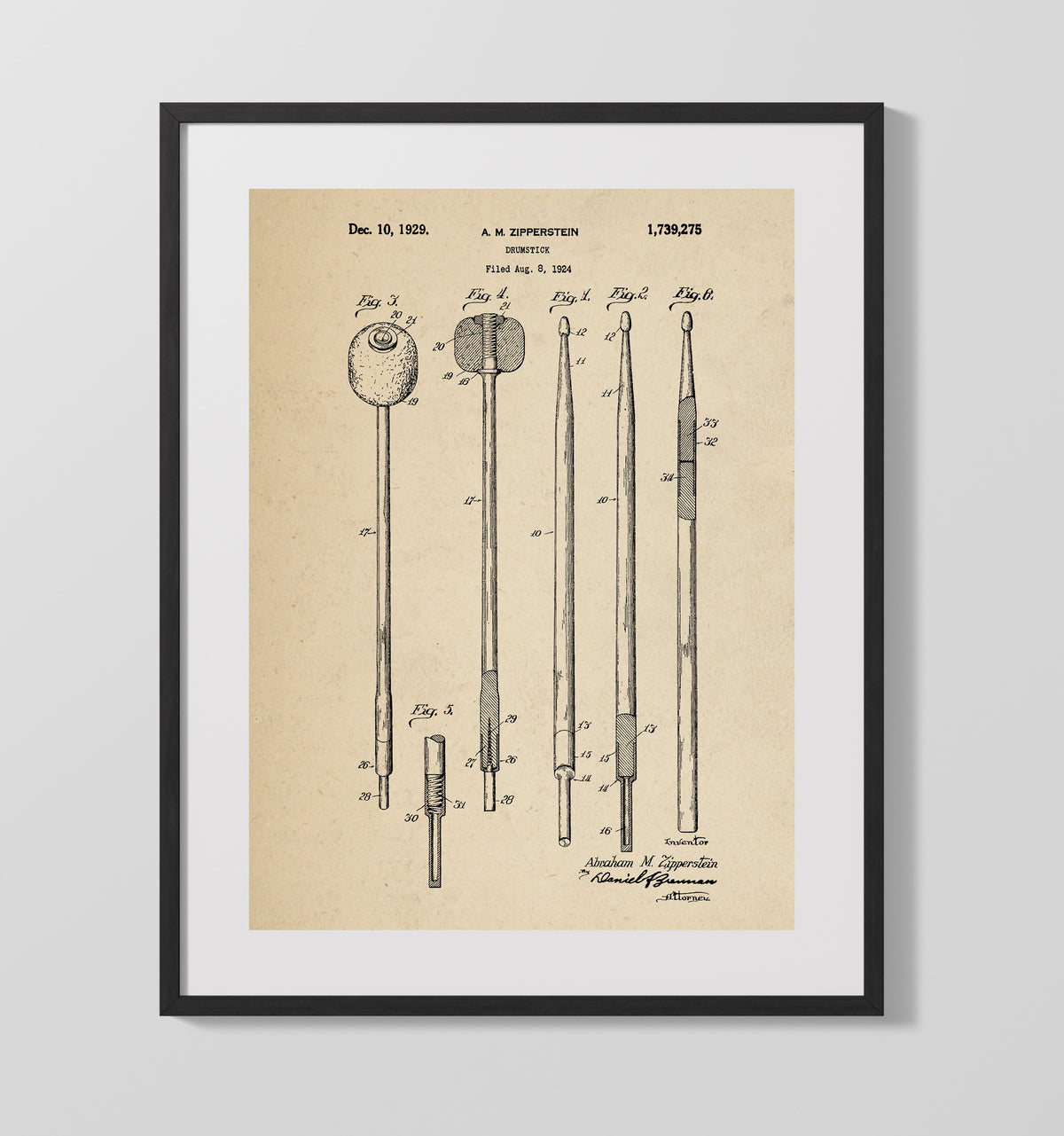 Drumstick 1929 patent print wall art 16x20 Gallery Frame