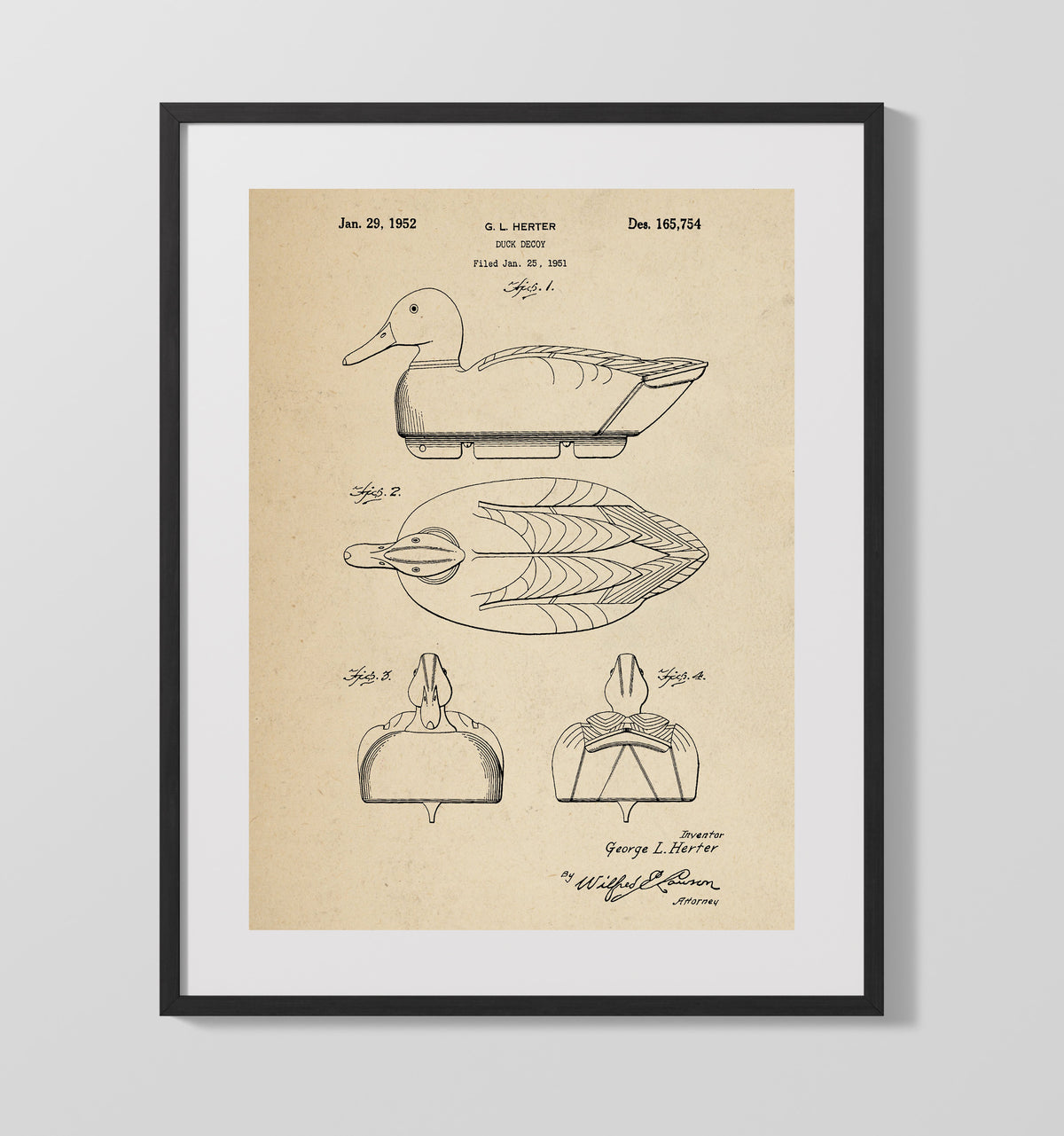 Duck Decoy 1952 patent print wall art 16x20 Gallery Frame