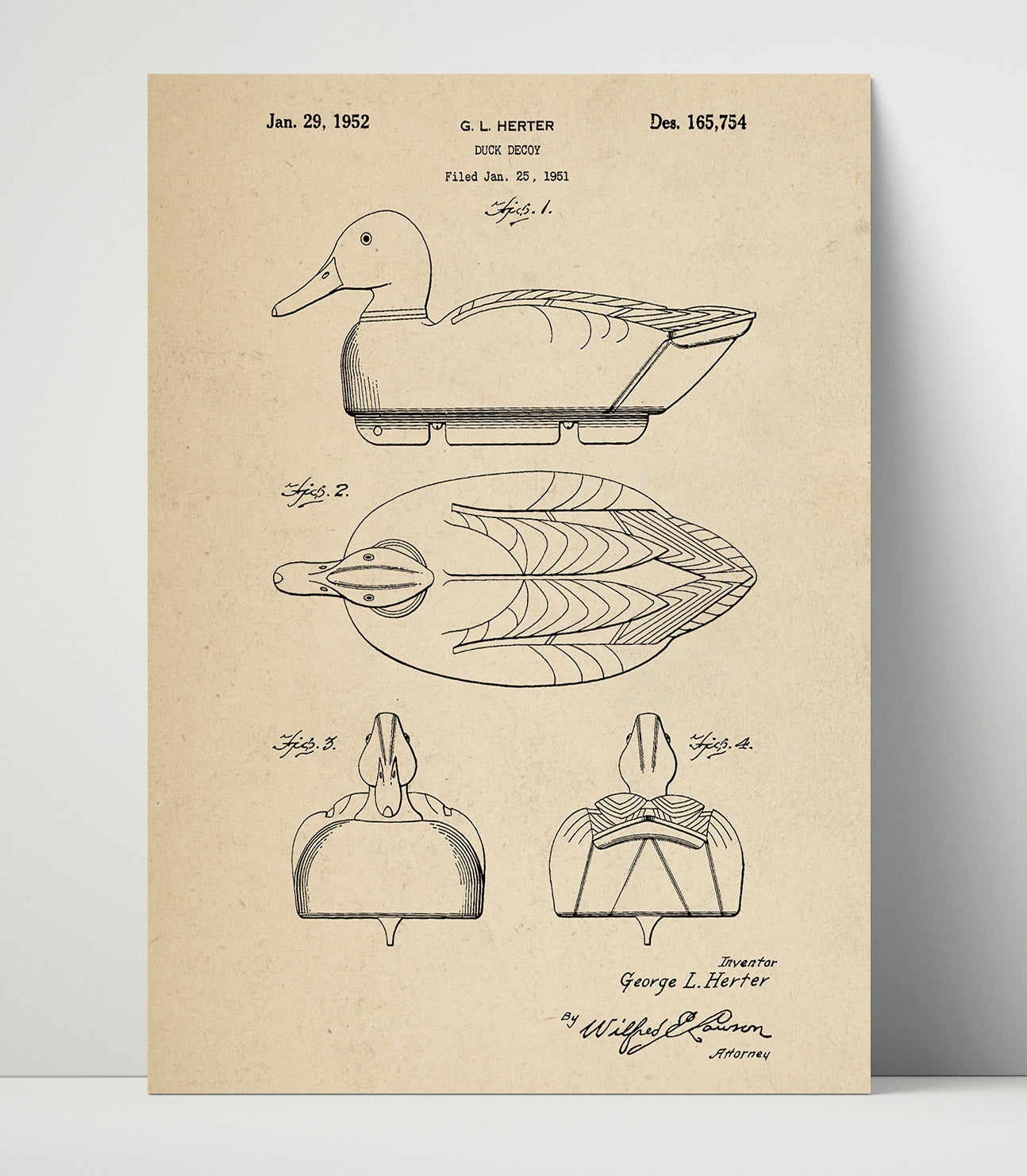 Patent Print - Duck Decoy - George L. Herter - 1952 - Patent D165754 Patent Wall Art