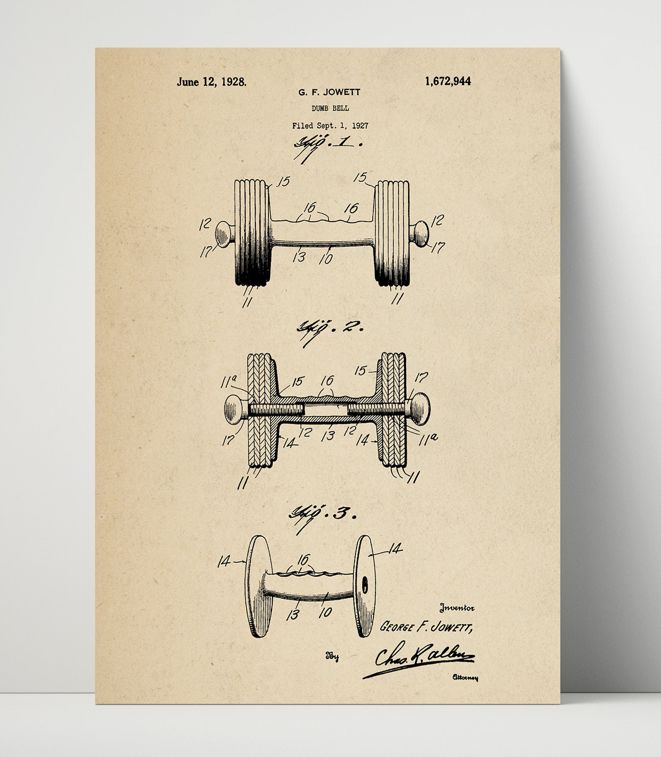 Patent Print - Dumbbell - G F Jowett - 1928 - Patent 1672944 Patent Wall Art