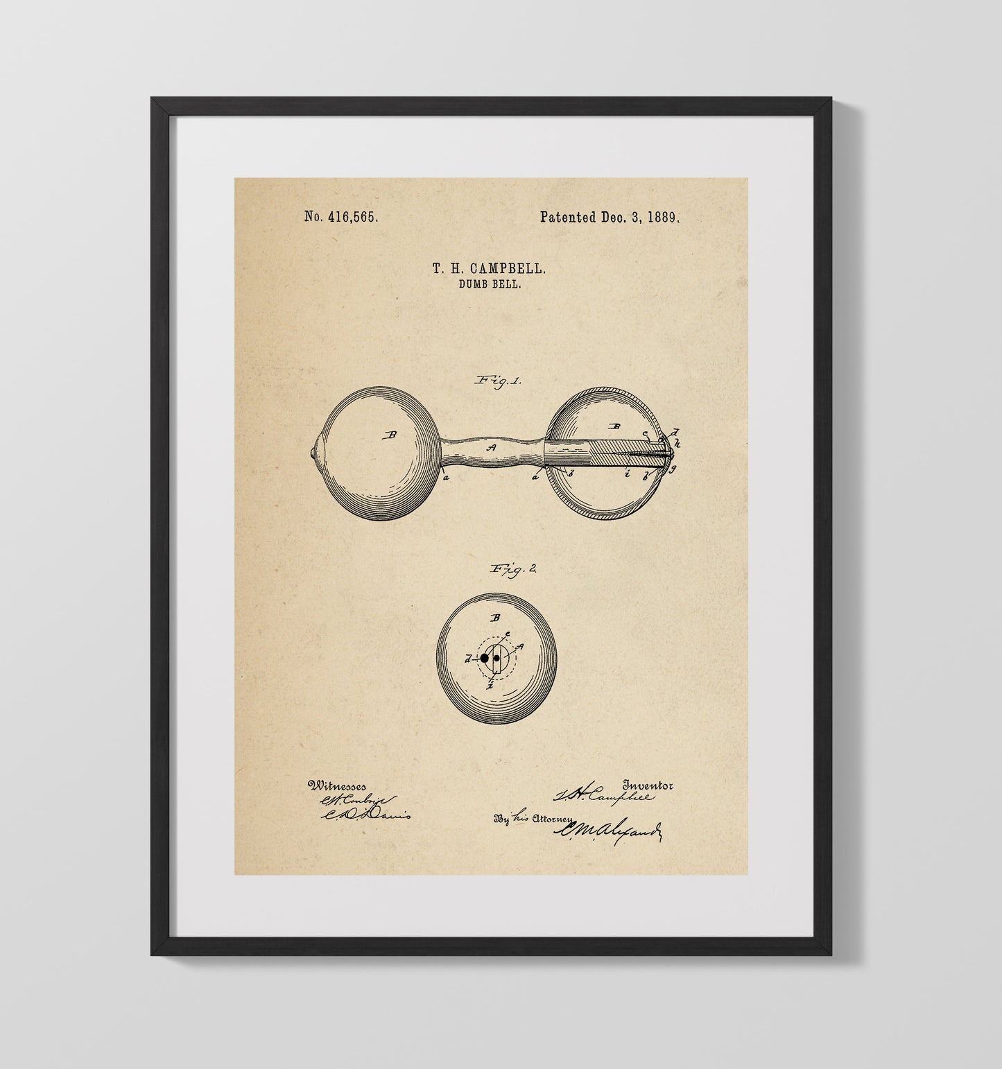 Dumbbell 1889 patent print wall art 16x20 Gallery Frame