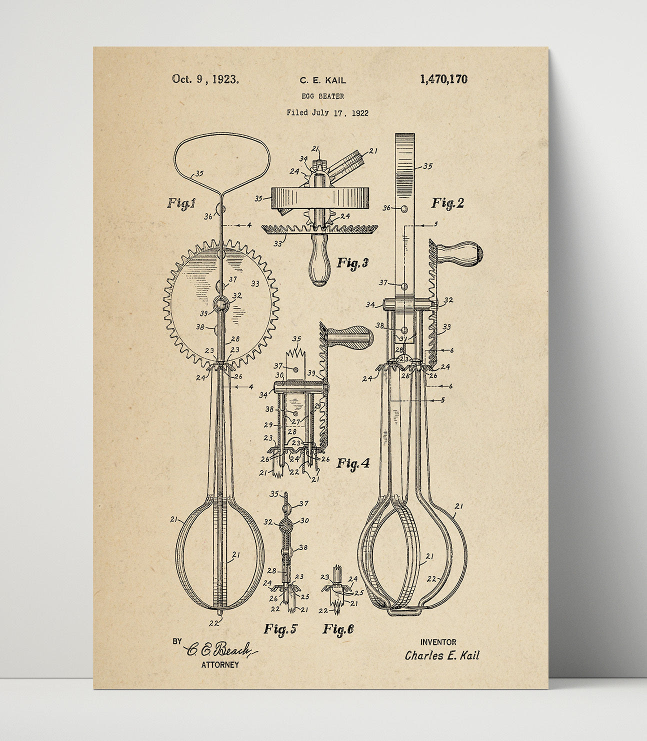 Patent Print - Egg Beater - C.E. Kail - 1923 - Patent 1470170 Patent Wall Art