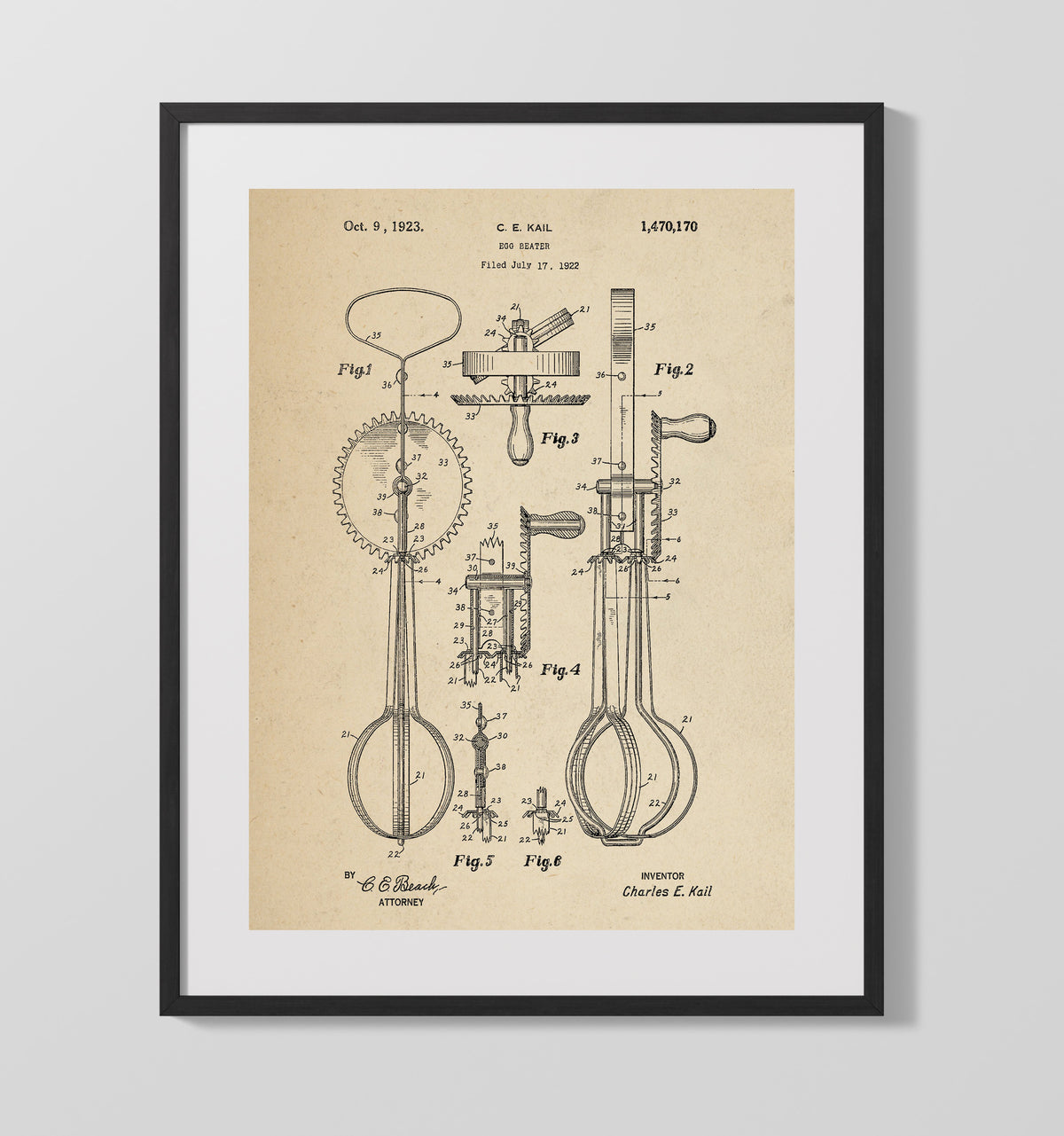 Egg Beater 1923 patent print wall art 16x20 Gallery Frame