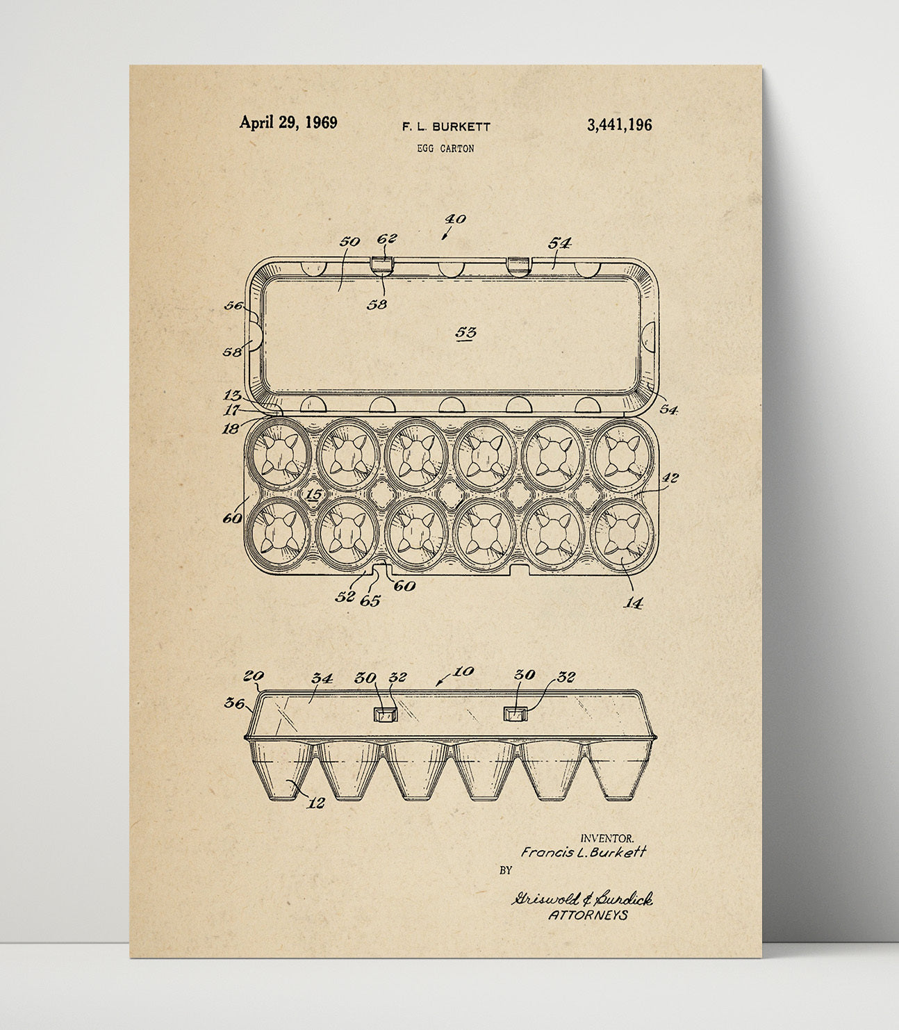 Patent Print - Egg Carton - Francis L Burkett - 1969 - Patent 3441196 Patent Wall Art