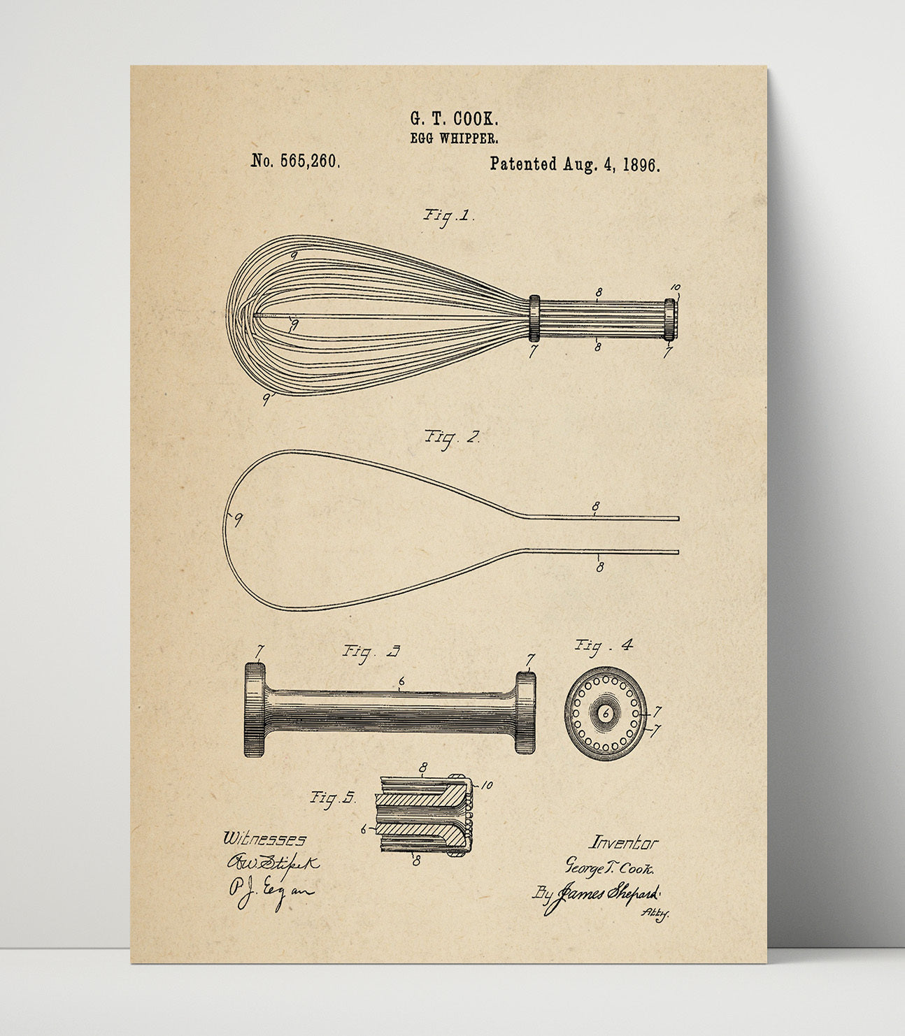 Patent Print - Egg Whipper - G.T. Cook - 1896 - Patent 565260 Patent Wall Art