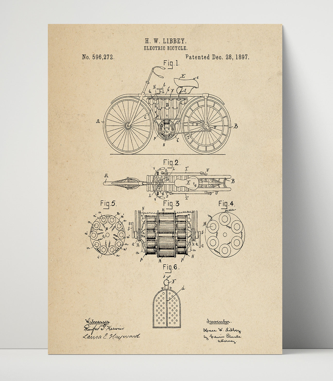 Patent Print - Electric Bicycle - H W Libbey - 1897 - Patent 596272 Patent Wall Art