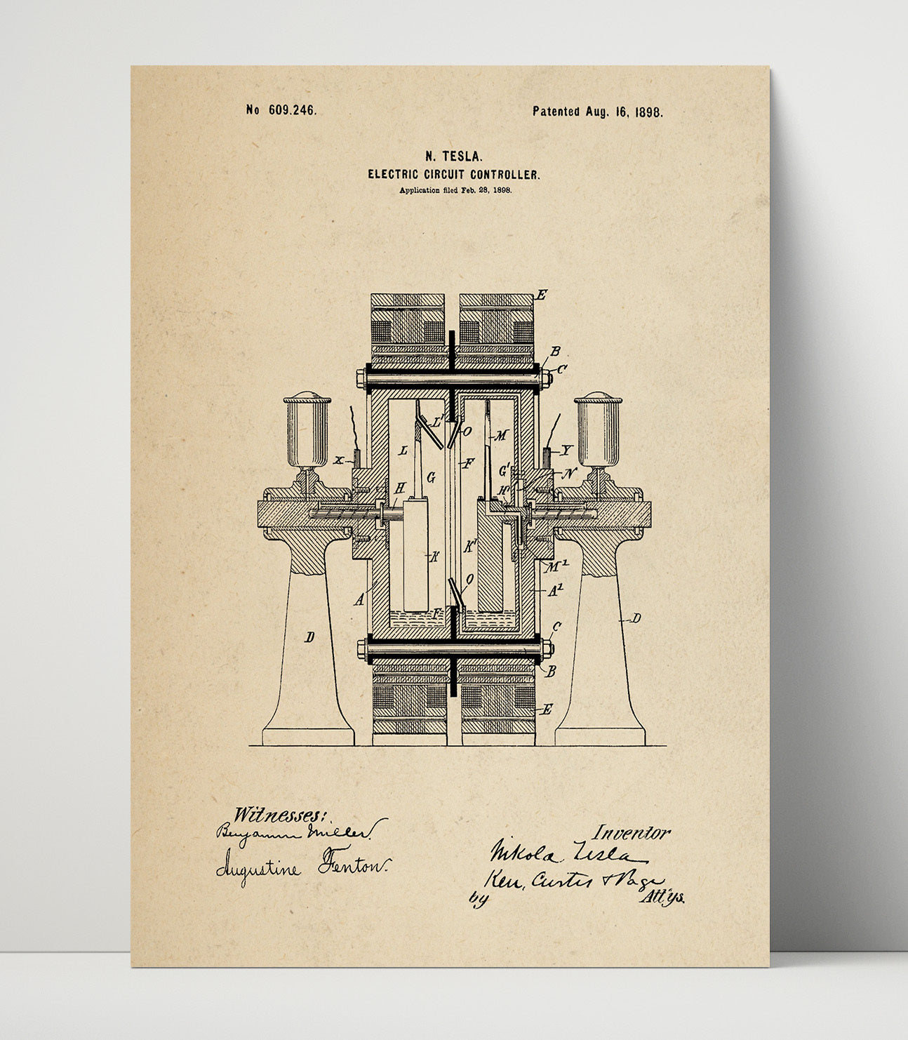 Patent Print - Electric Circuit Controller - Nikola Tesla - 1898 - Patent 609246 Patent Wall Art