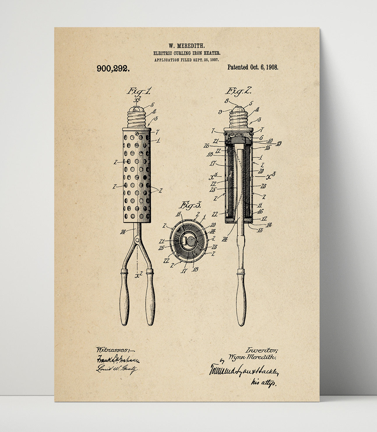 Patent Print - Electric Curling Iron Heater - Wygne Meredith - 1908 - Patent 900292 Patent Wall Art