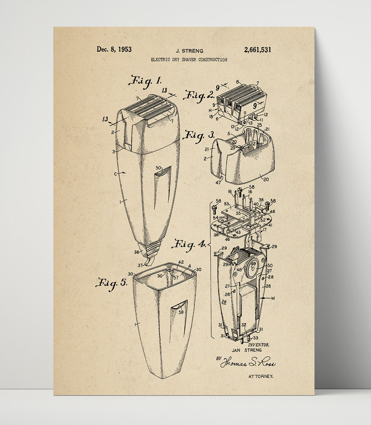 Patent Print - Electric Dry Shaver - Jan Streng - 1953 - Patent 2661531 Patent Wall Art