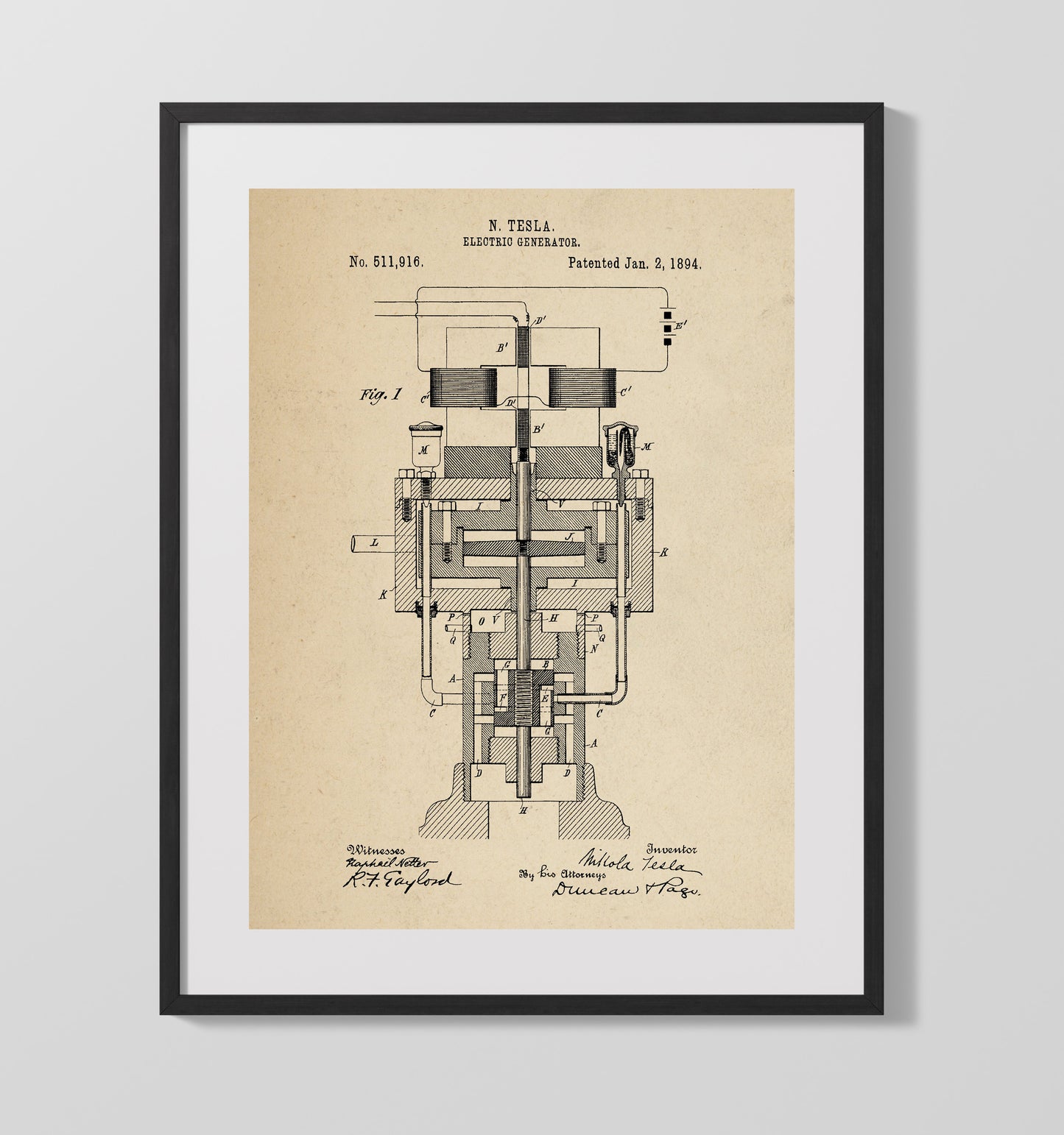 Electric Generator 1894 patent print wall art 16x20 Gallery Frame