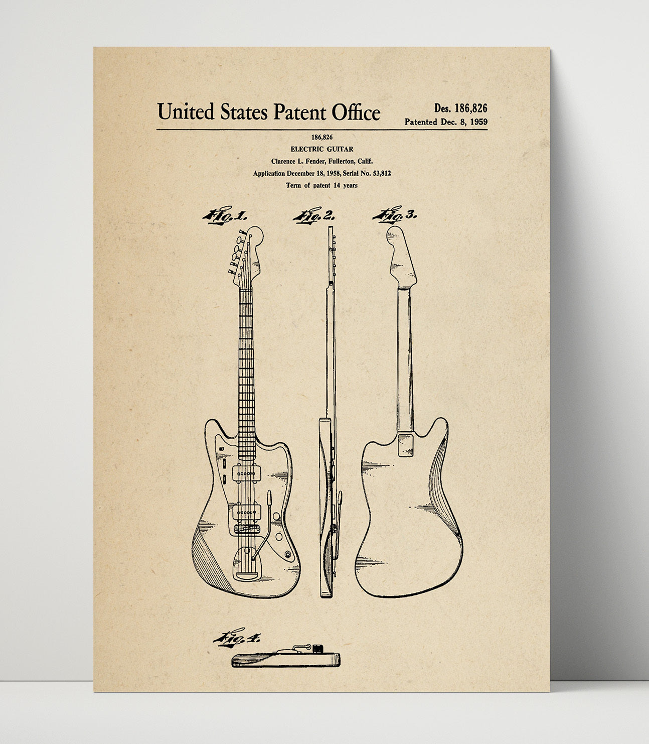 Patent Print - Electric Guitar - Clarence L. Fender - 1959 - Patent 186826 Patent Wall Art