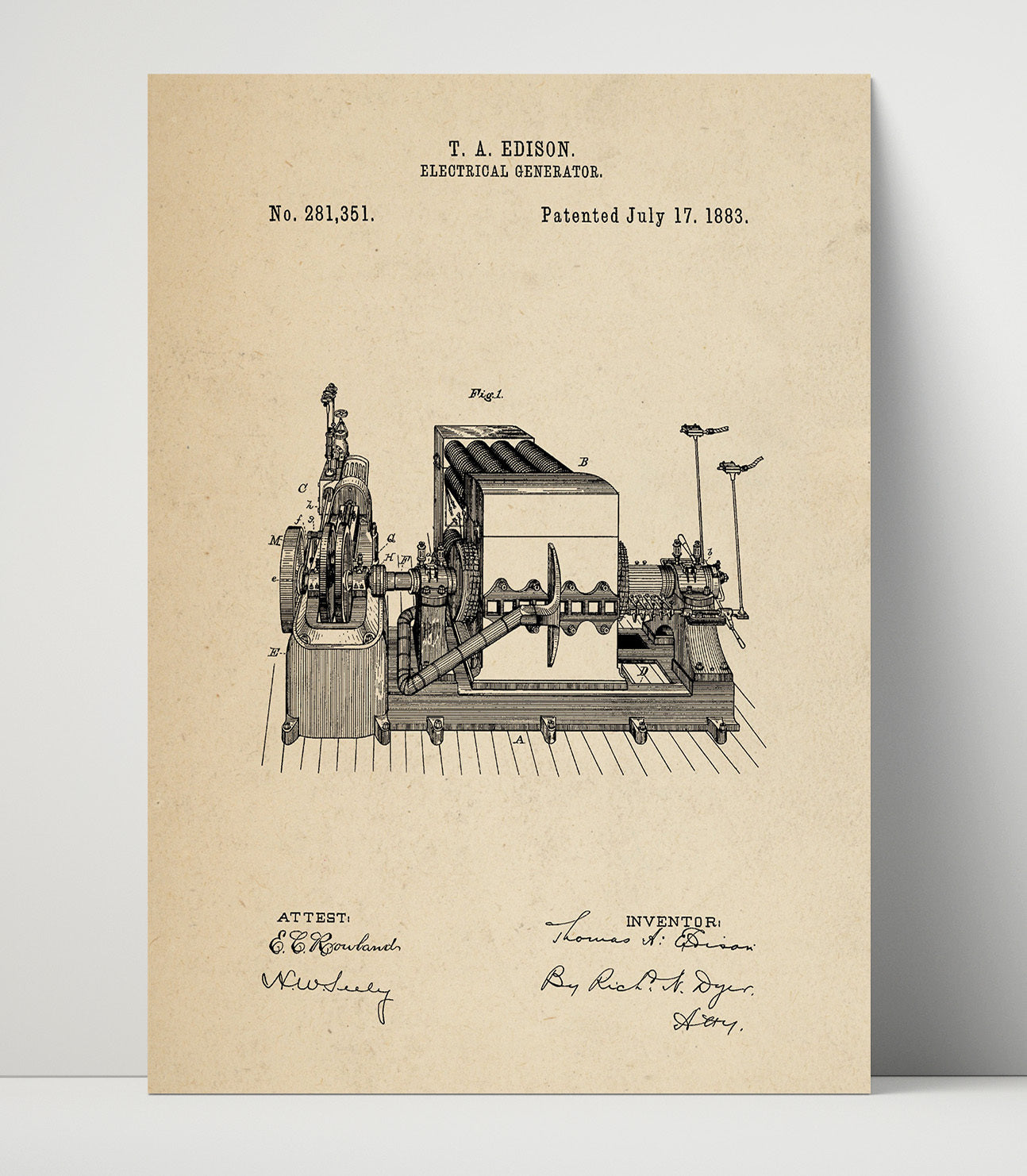 Patent Print - Electrical Generator Main Assembly - Thomas Edison - 1883 - Patent 281351 Patent Wall Art