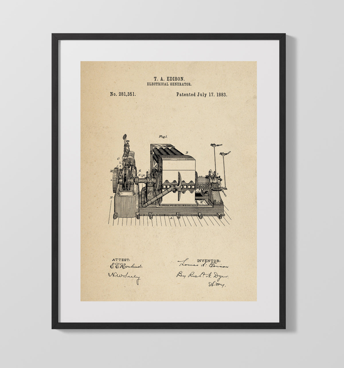 Electrical Generator Main Assembly 1883 patent print wall art 16x20 Gallery Frame