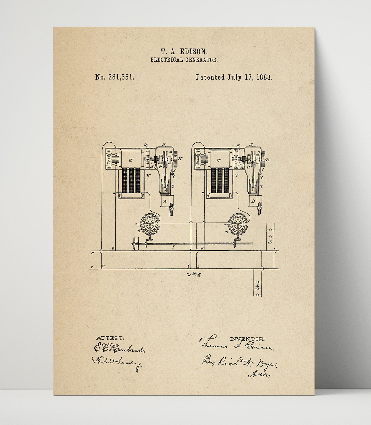 Patent Print - Electrical Generator System Diagram - Thomas Edison - 1883 - Patent 281351 Patent Wall Art