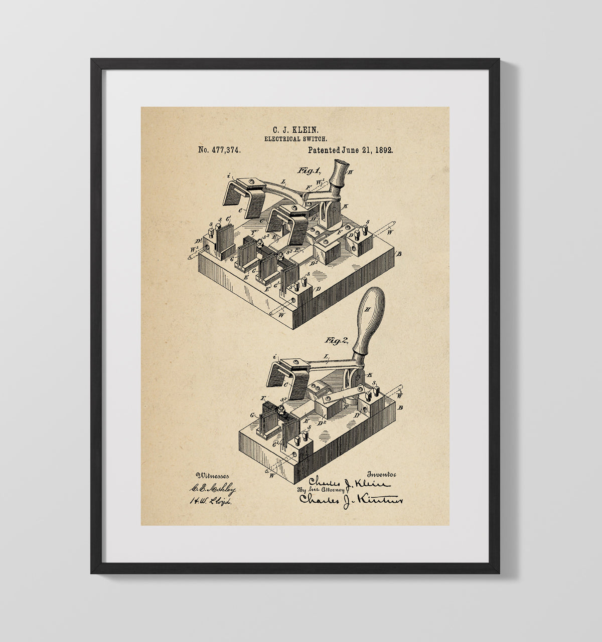 Electrical Switch 1892 patent print wall art 16x20 Gallery Frame