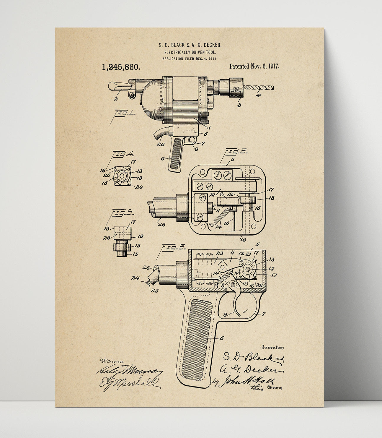 Patent Print - Electrically Driven Tool - S. D. Black And A. G. Decker - 1917 - Patent 1245860 Patent Wall Art