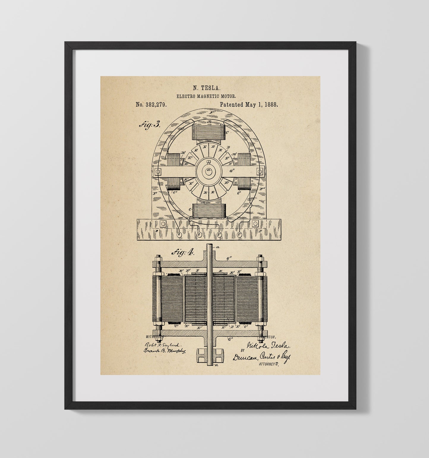 Electro Magnetic Motor Assembly 1888 patent print wall art 16x20 Gallery Frame
