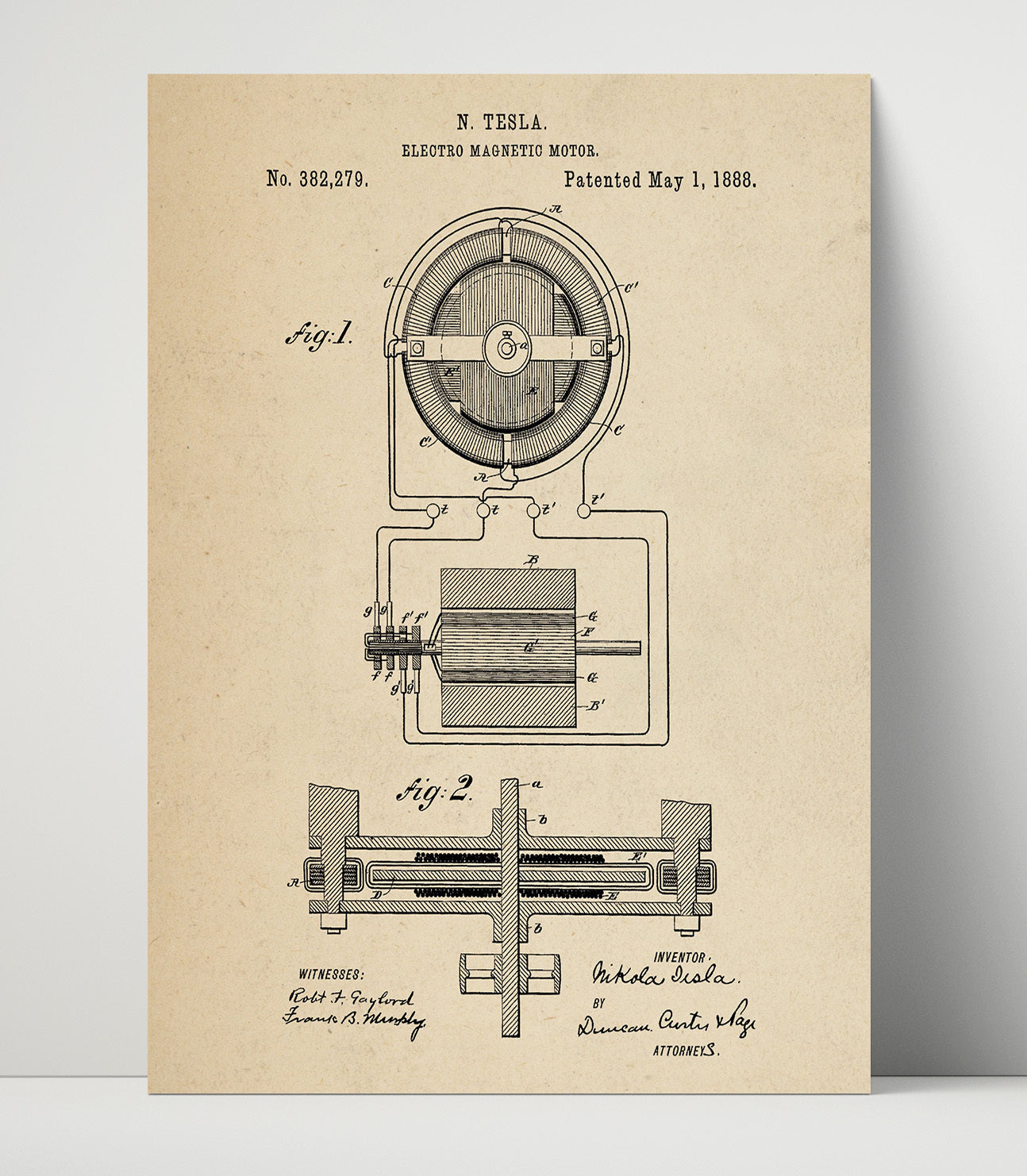 Patent Print - Electro Magnetic Motor Diagram - Nikola Tesla - 1888 - Patent 382279 Patent Wall Art