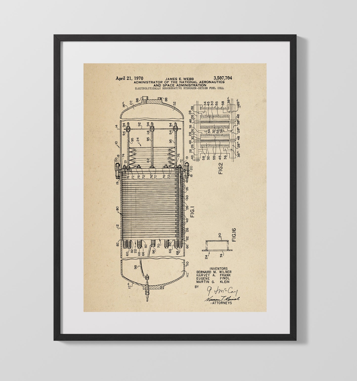 Electrolytically Regenerative Hydrogen-Oxygen Fuel Cell 1970 patent print wall art 16x20 Gallery Frame