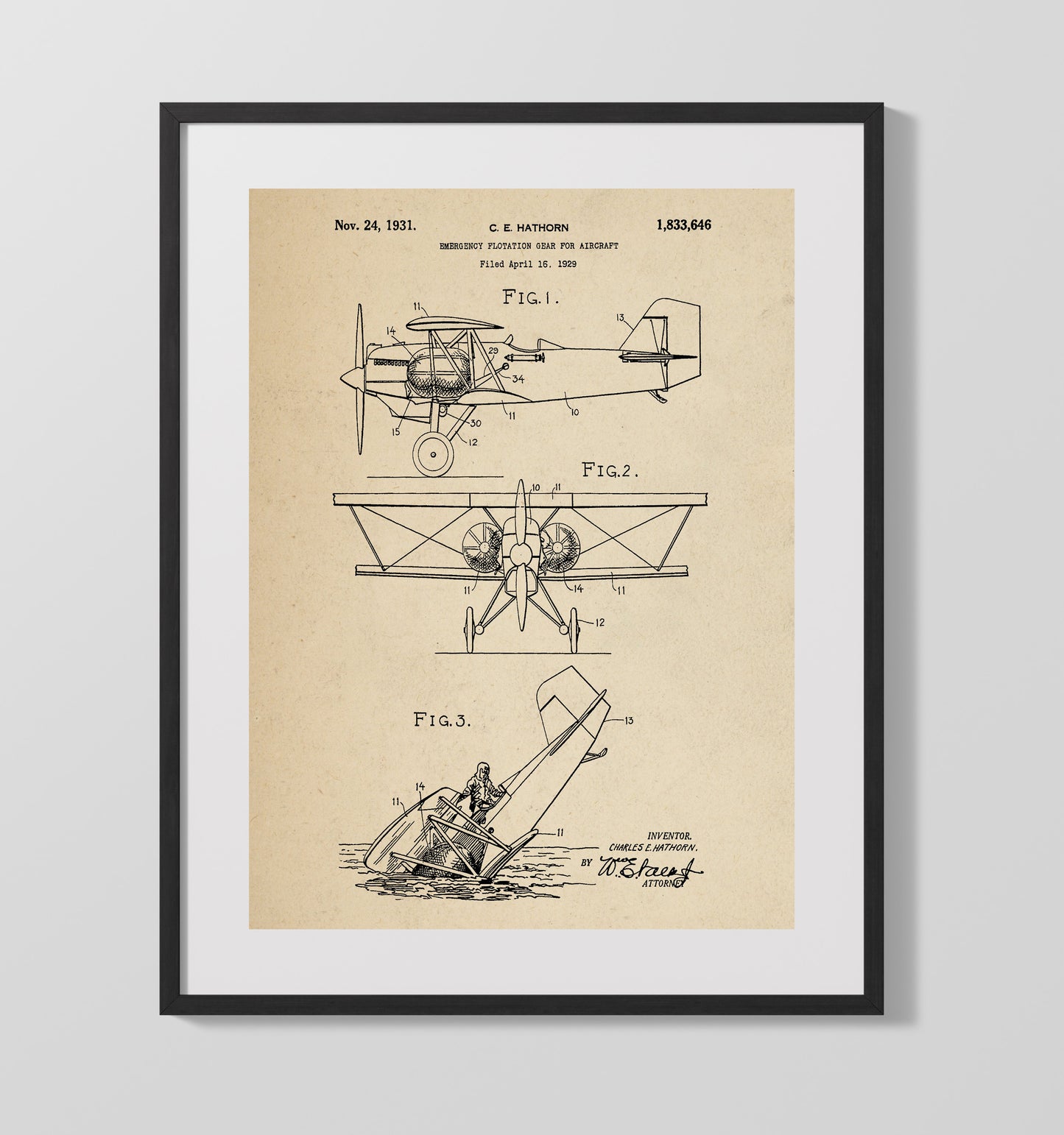 Emergency Flotation Gear For Aircraft 1931 patent print wall art 16x20 Gallery Frame