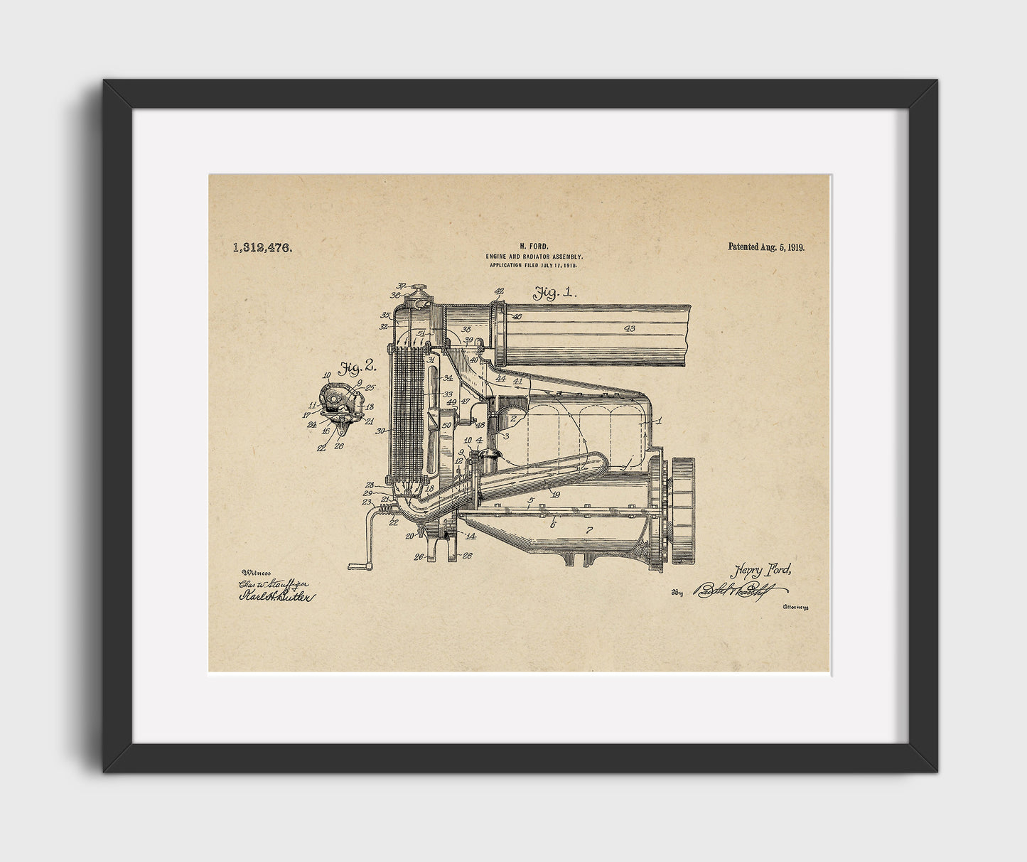 Engine And Radiator Assembly 1919 patent print wall art 16x20 Gallery Frame