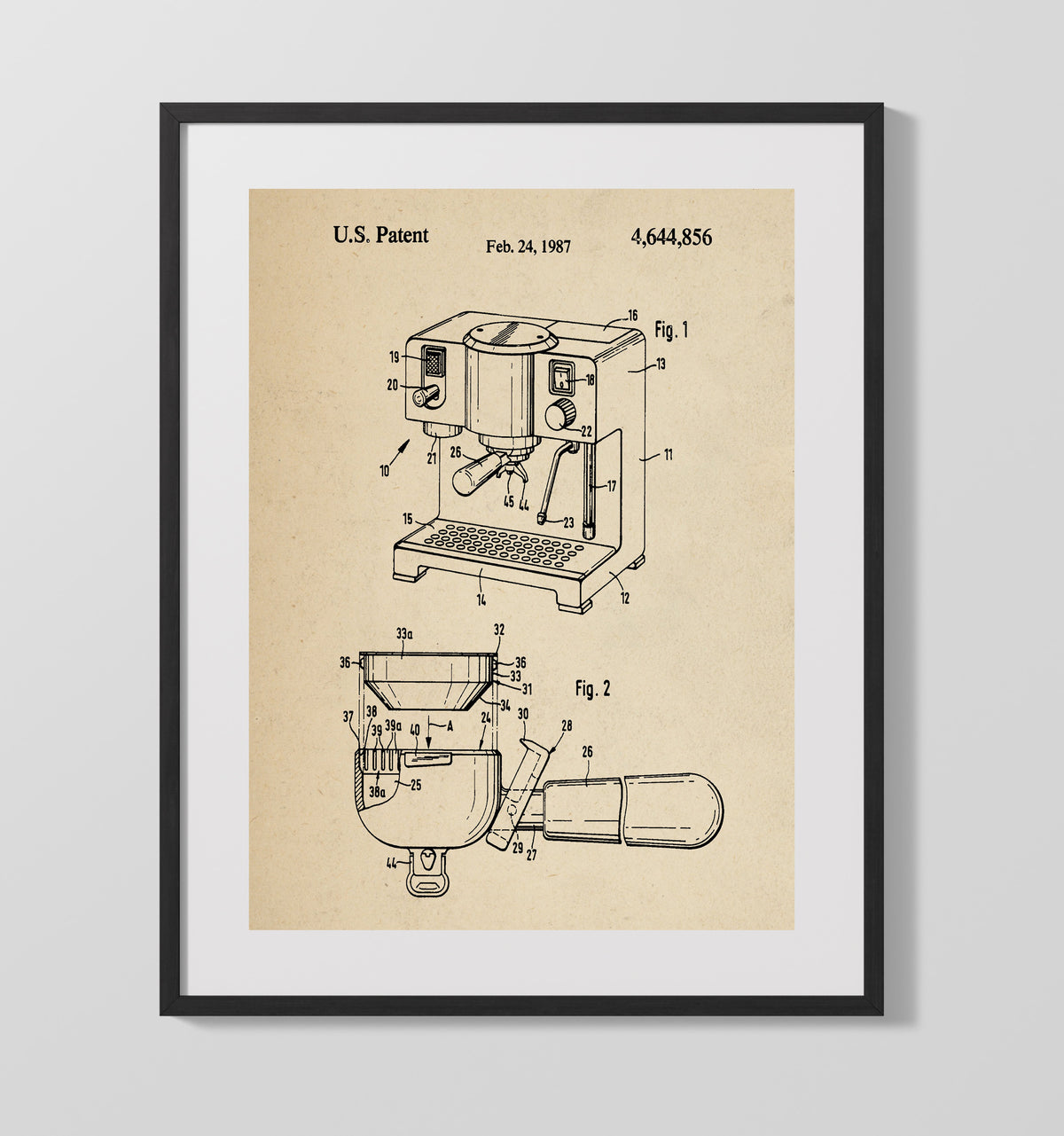 Espresso Machine 1987 patent print wall art 16x20 Gallery Frame