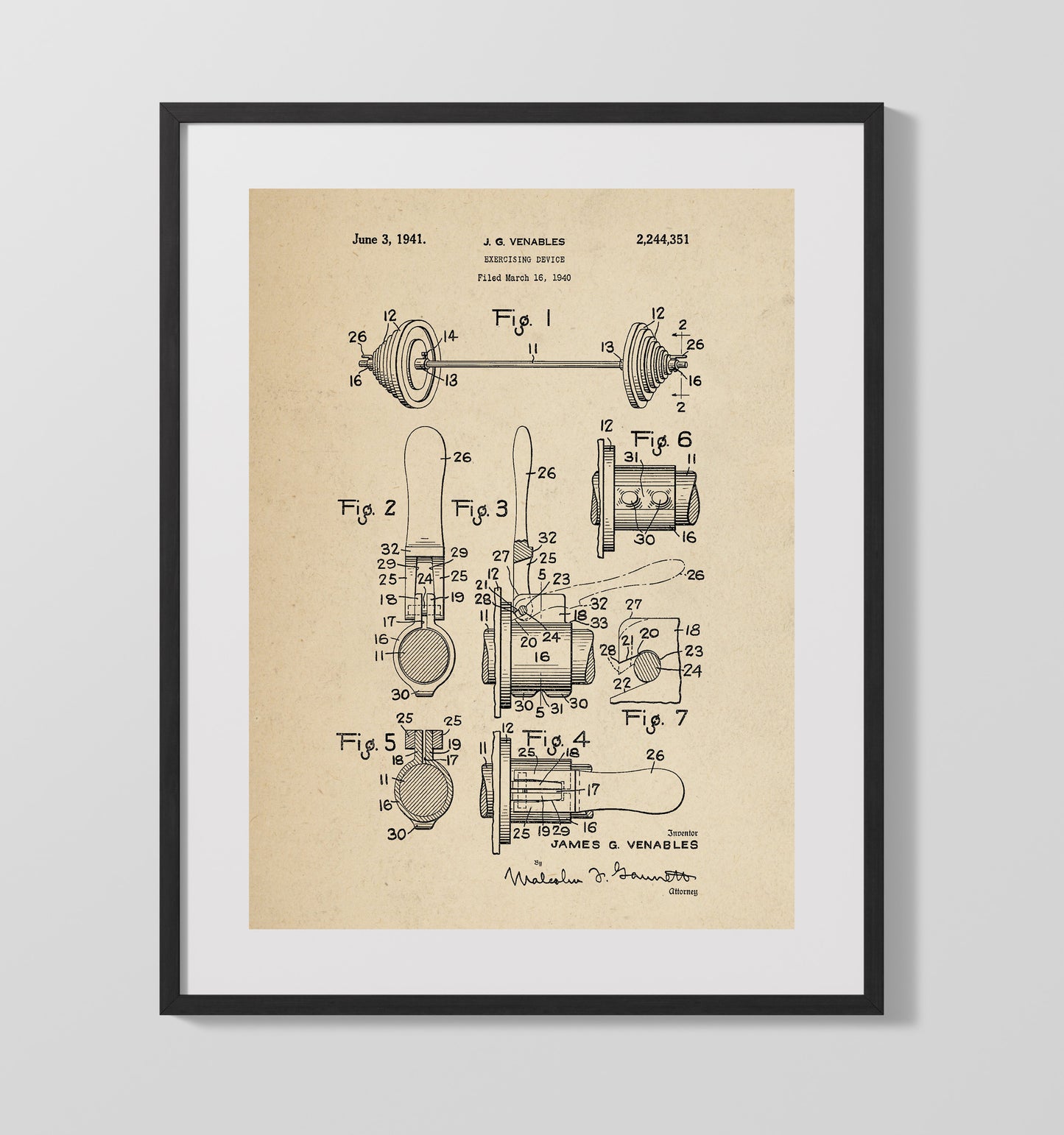 Exercising Device 1941 patent print wall art 16x20 Gallery Frame